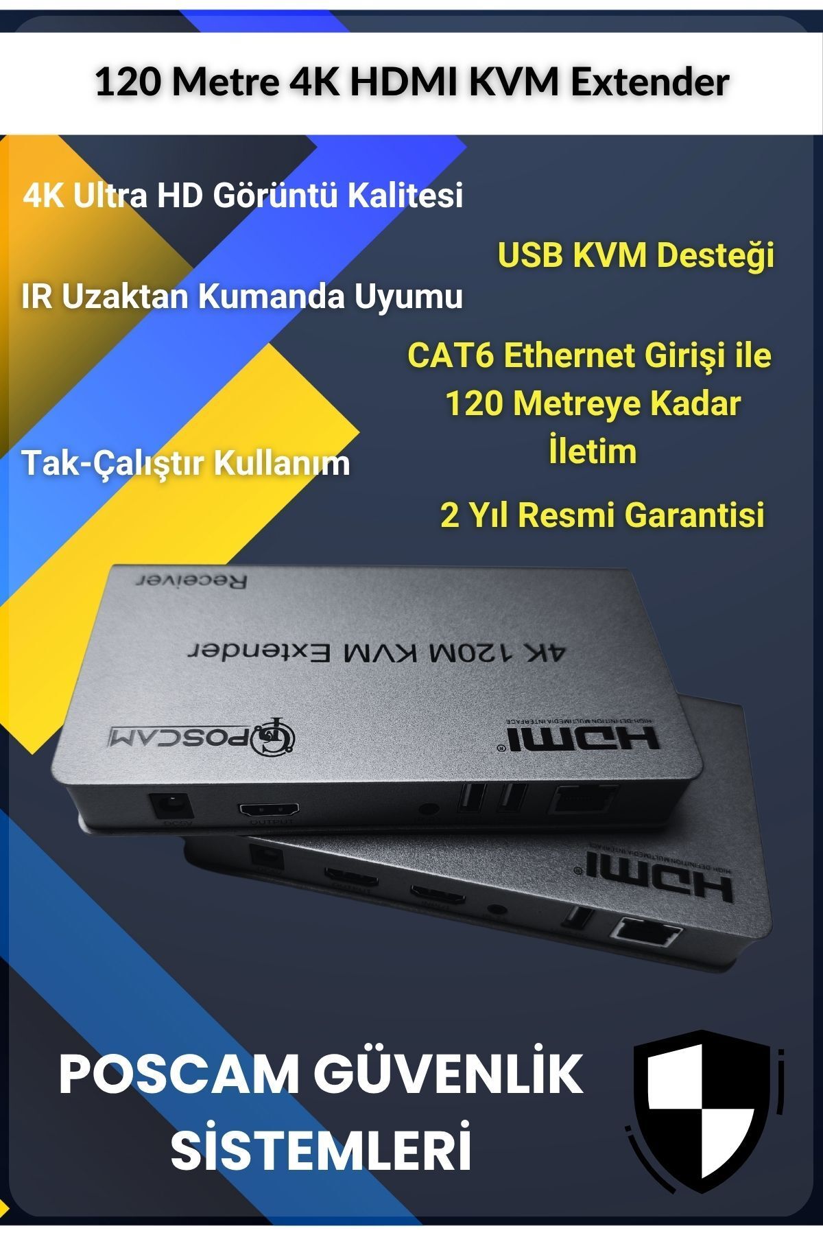 POSCAM 120 Metre 4K HDMI KVM Extender (USB + IR + Ethernet) | 2 Yıl Garantili