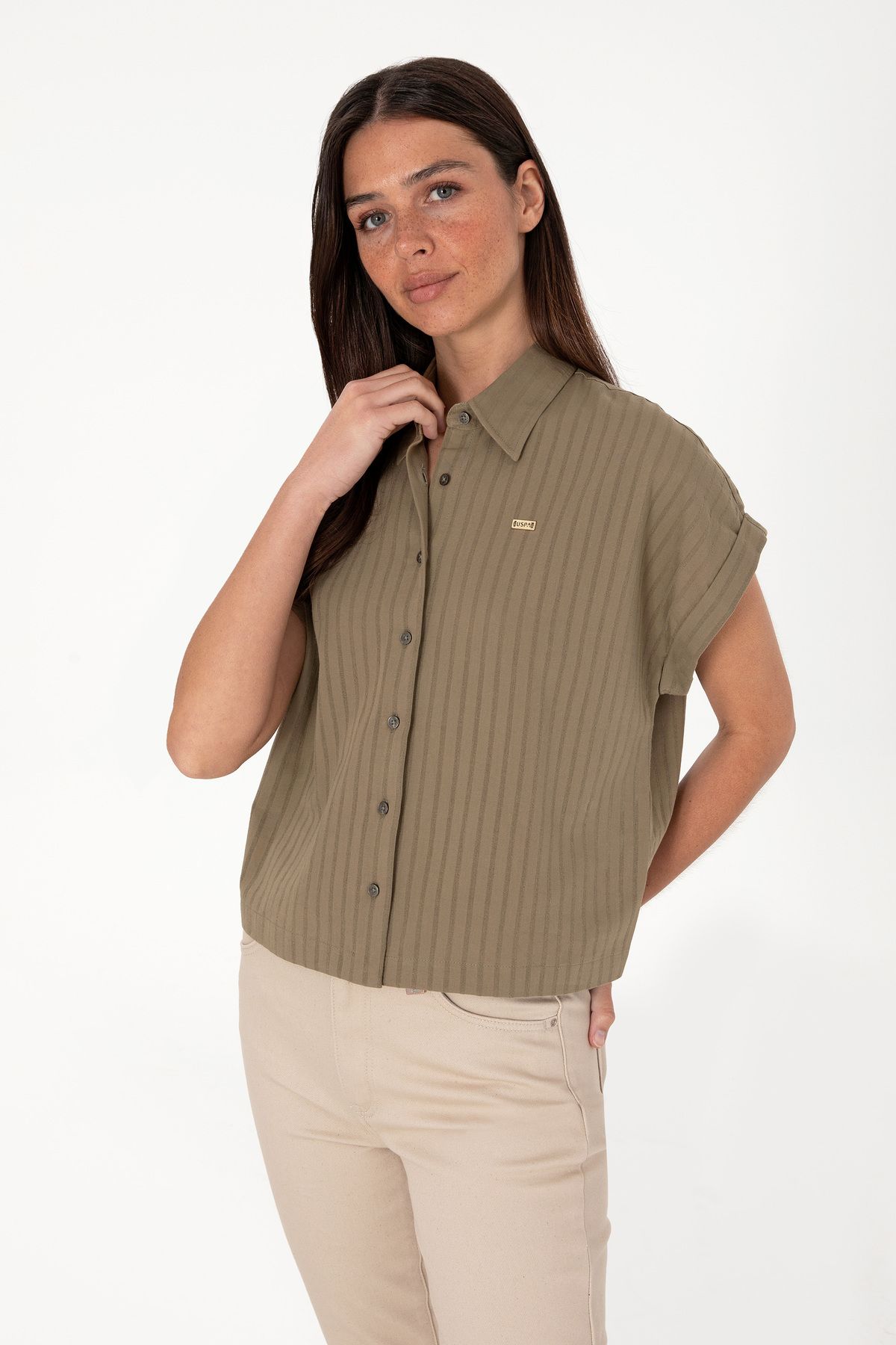 U.S. Polo Assn. Kadın Vizon Çizgili Kısa Kollu Gömlek 50306388-VR052