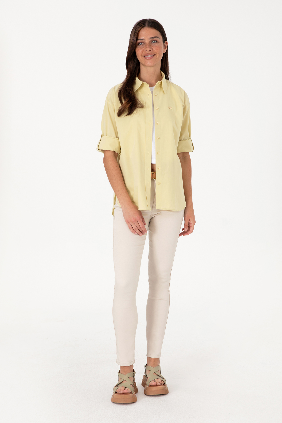 U.S. Polo Assn.  Kadın Açık Haki Uzun Kollu Tunik Gömlek 50306390-VR183 - Görsel 4