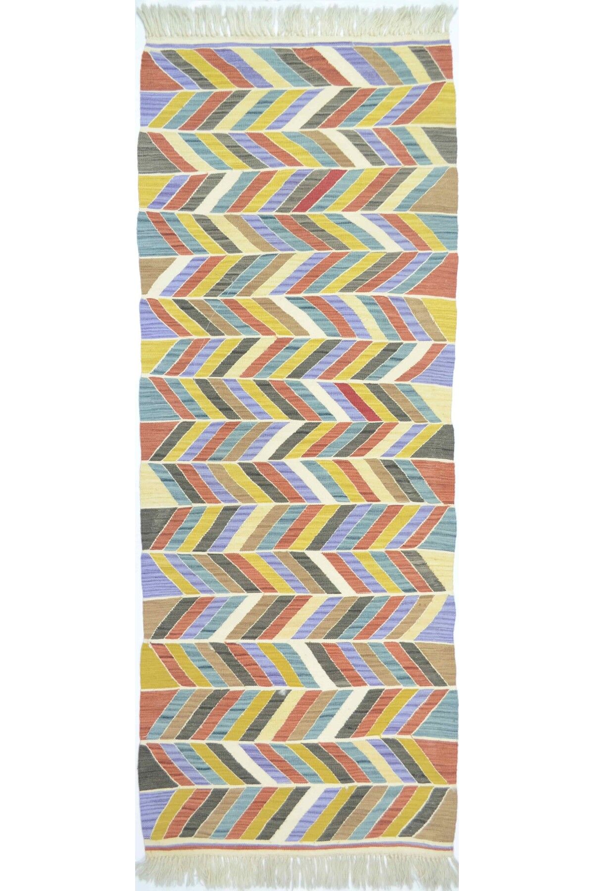 Handmade Uşak El Dokuma Renkli ve Zikzak Desenli Kilim Yolluk 60x170 cm (1,02 m²)