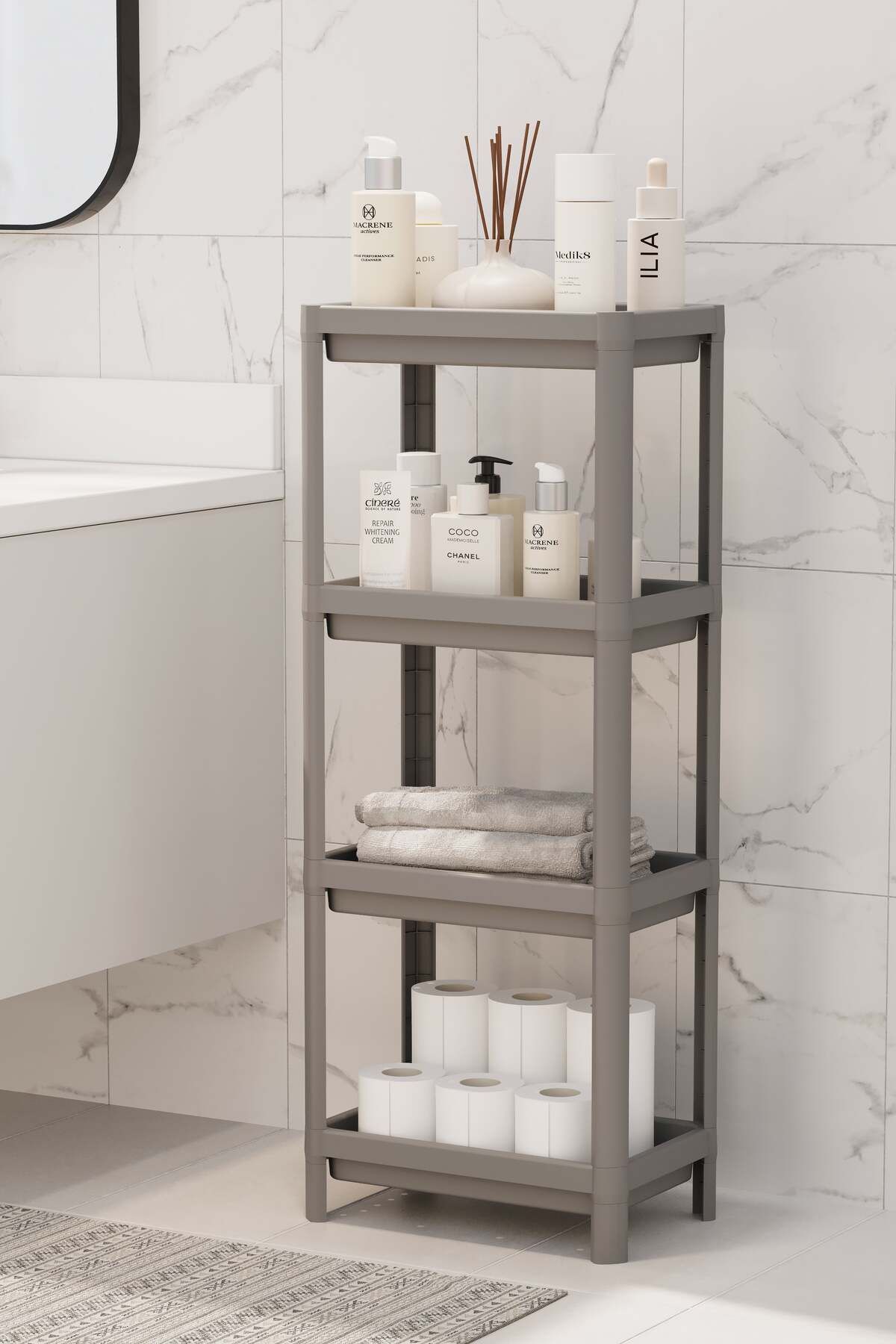 nouray 4 Katlı Banyo Düzenleyici Mutfak Rafı Şampuanlık Havluluk Deterjanlık Makyaj Organizer
