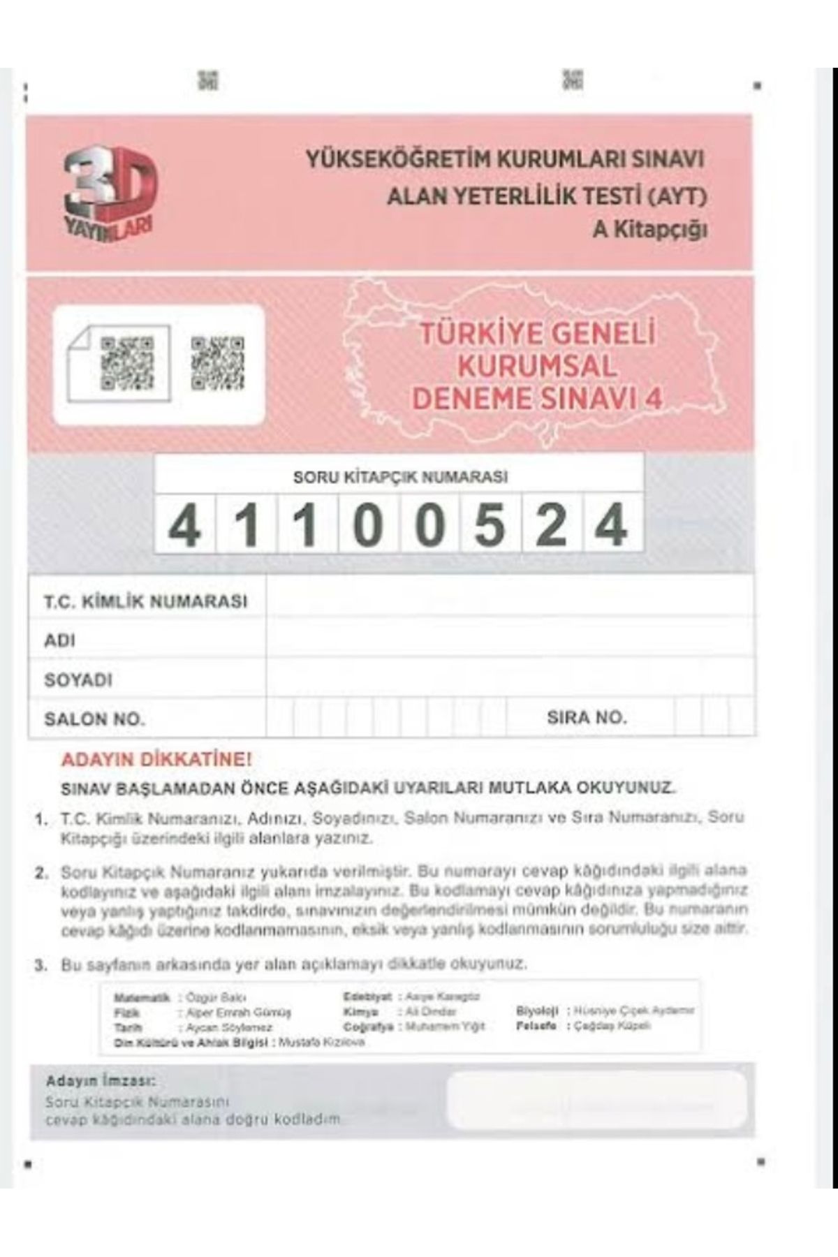 3D Yayınları Türkiye Geneli Ayt 3.Sayı-Ayt 4.Sayı 2025 Deneme