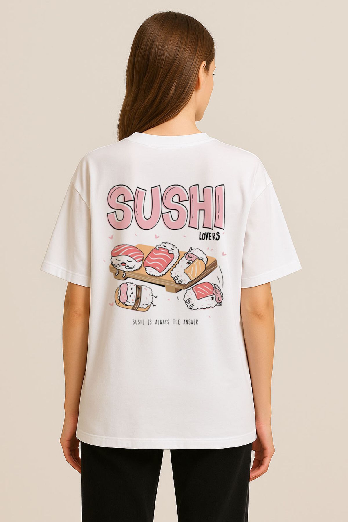 sielta Suşi Sushi Oversize Kadın Pamuklu Beyaz Tişört T-shirt