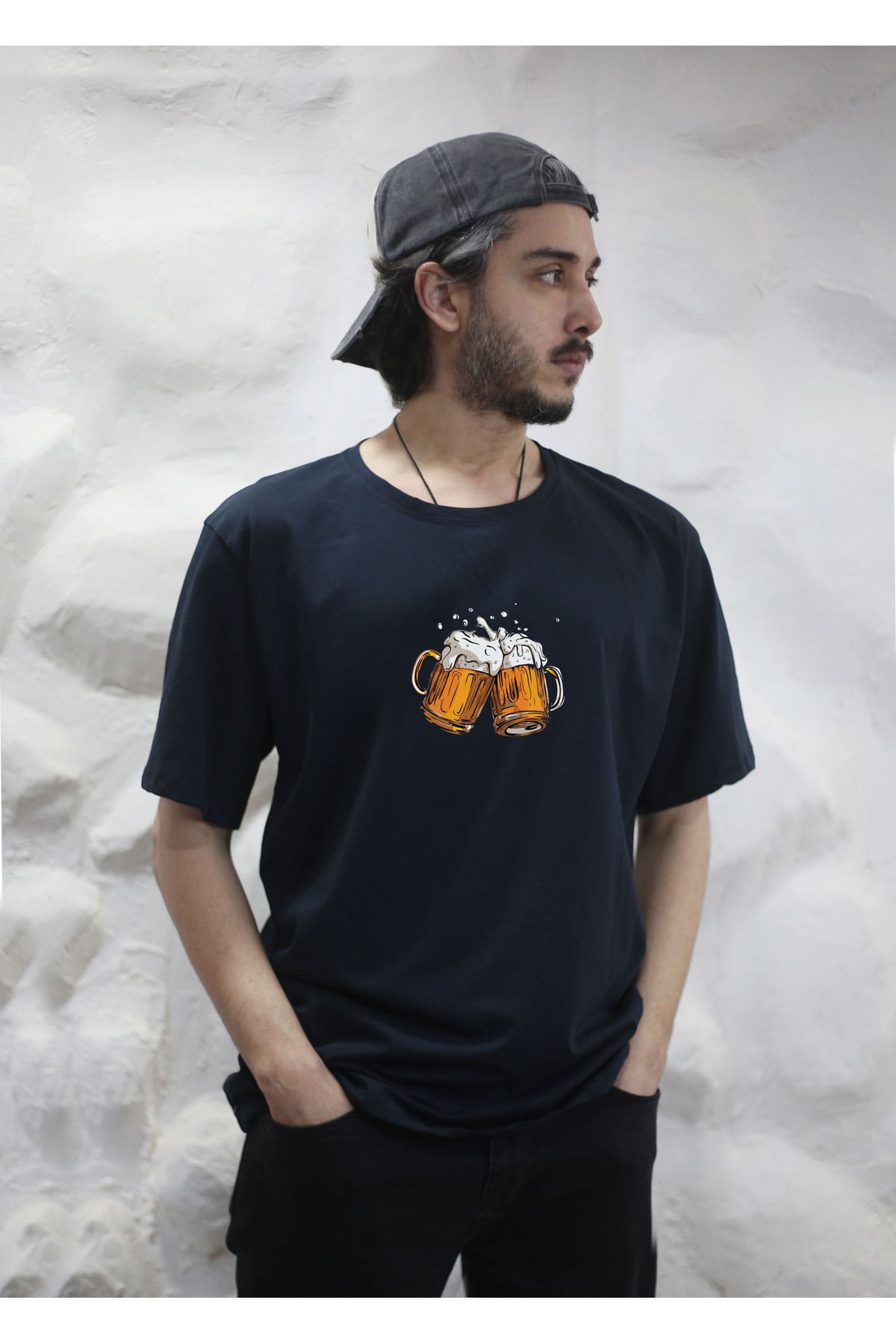 sielta Bira Beer Baskılı Oversize Erkek Pamuklu Lacivert Tişört T-shirt