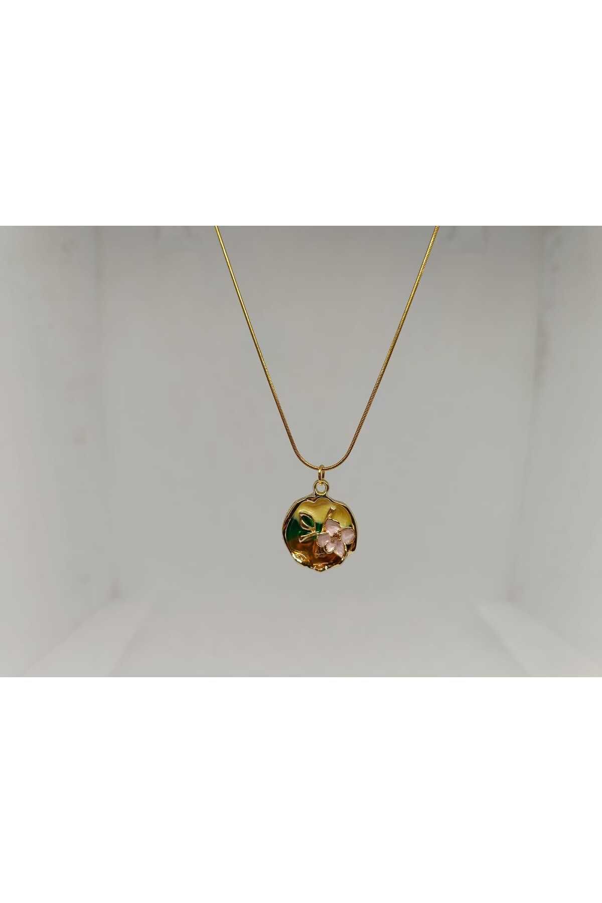 Store 316L Çiçek Temalı Paslanmaz Çelik Gold Kolye