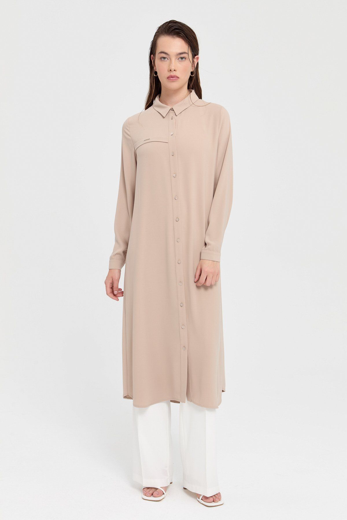 Nihan Gömlek Yaka Basic Tunik Bej