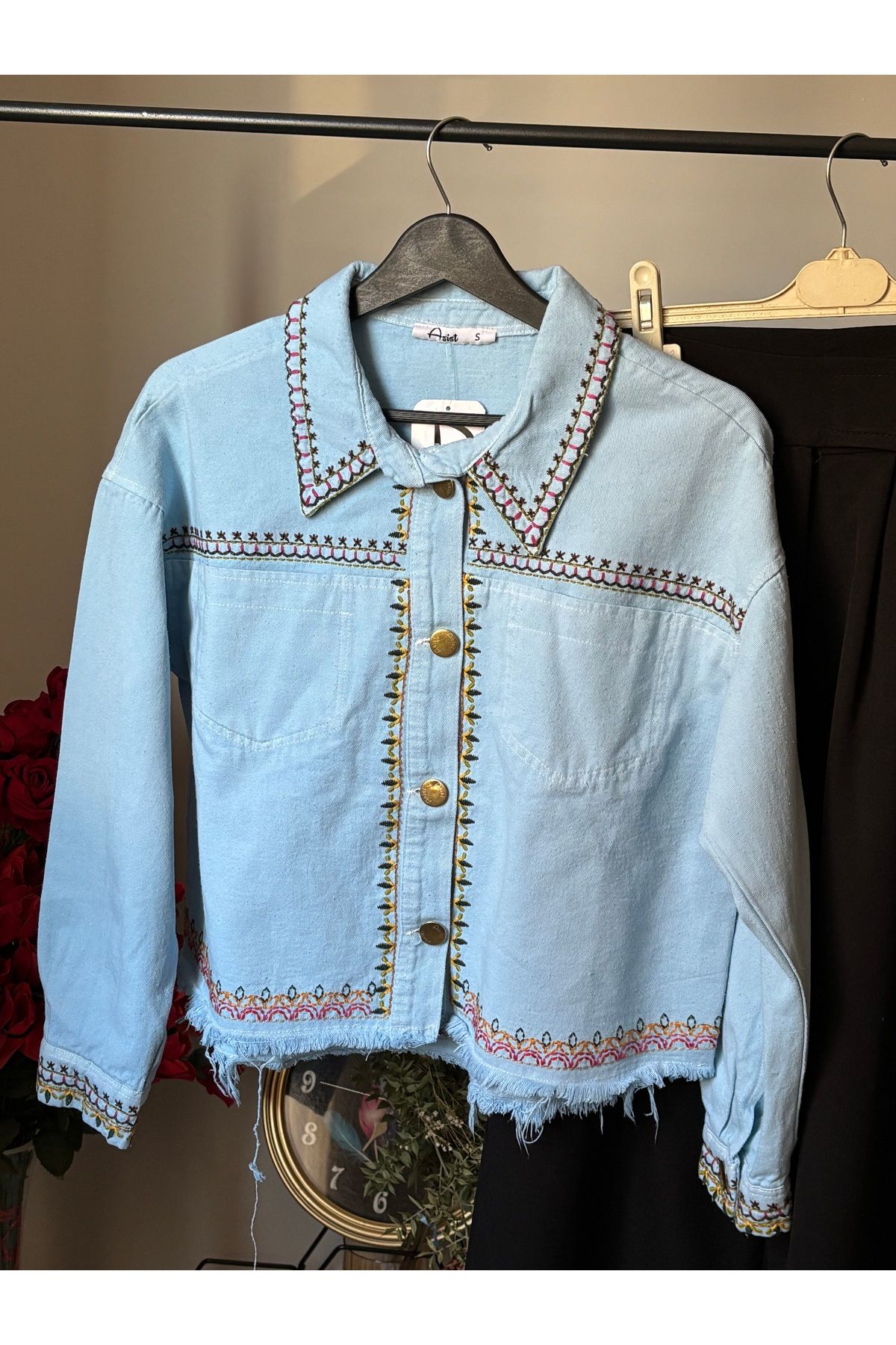 MODESTRIA Etnik Desenli Kadın Kot Ceket - Açık Mavi