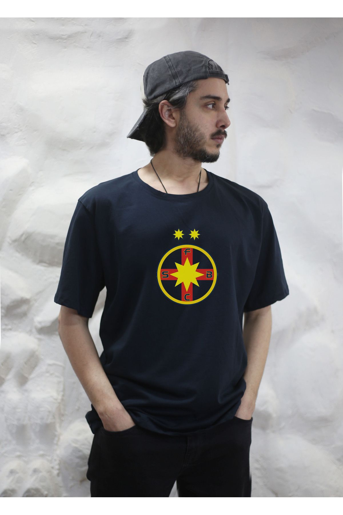 sielta Romanya Fcsb Echipa De Fotbal Baskılı Oversize Erkek Pamuklu Lacivert Tişört T-shirt