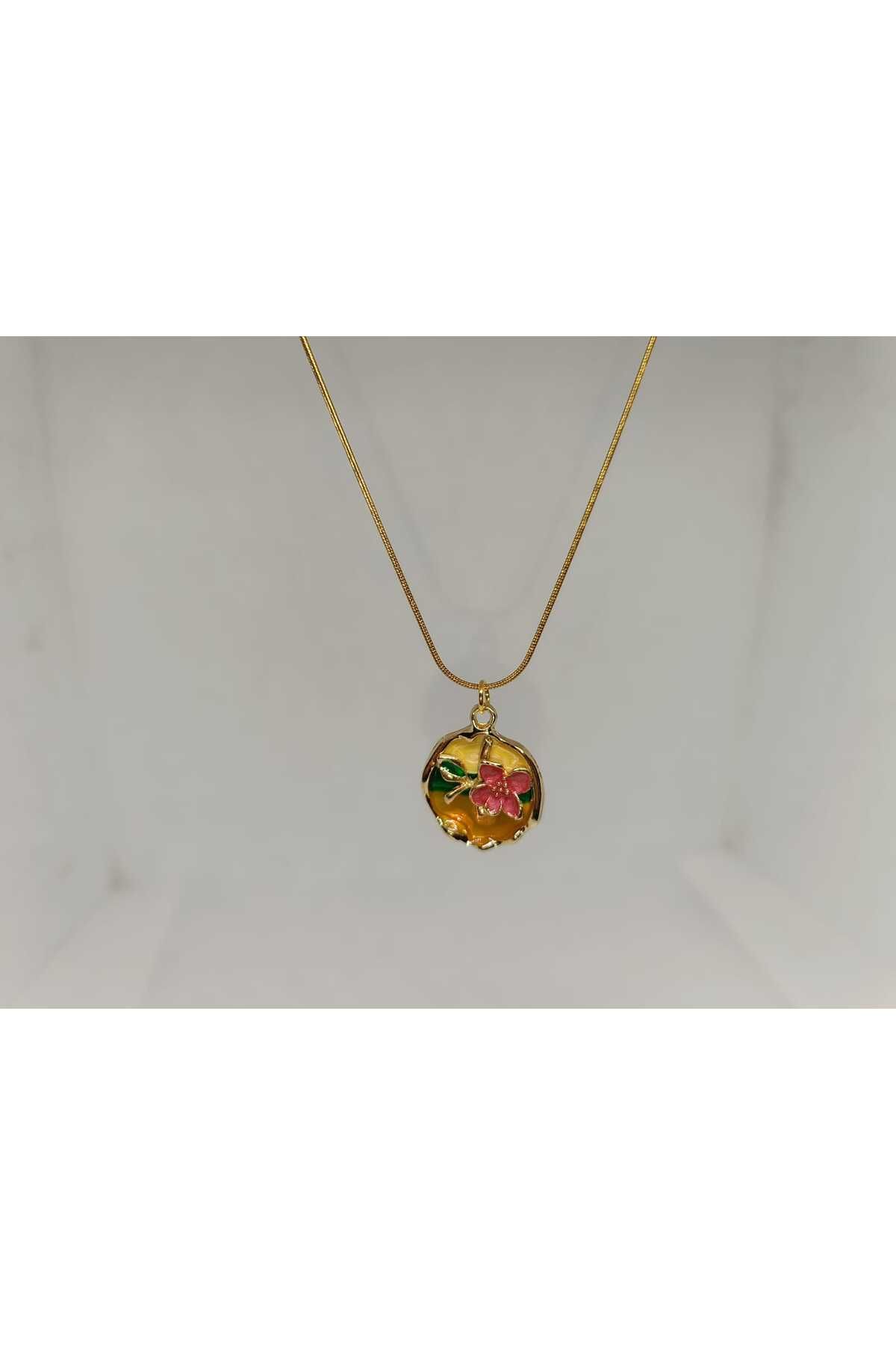 Store 316L Çiçek Temalı Paslanmaz Çelik Gold Kolye
