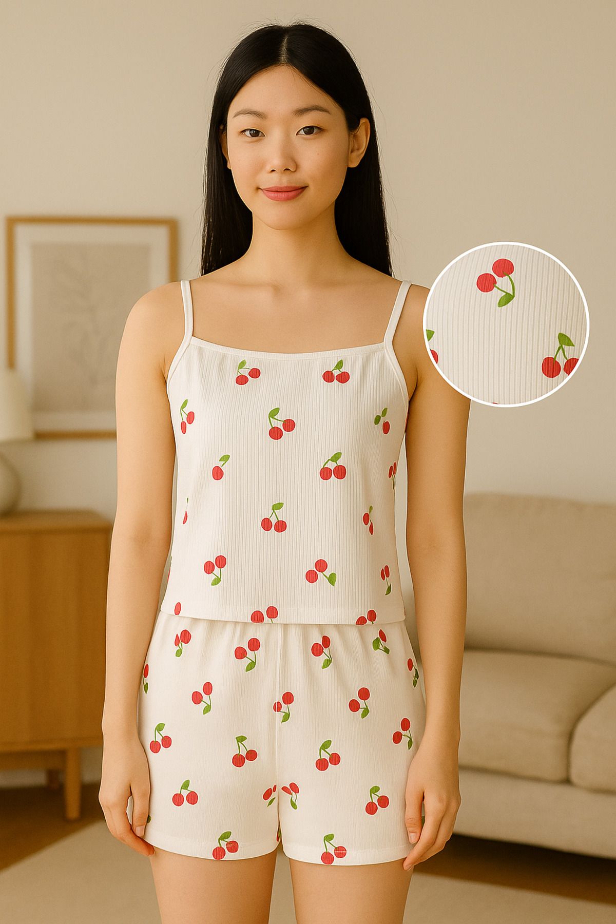 Cherry Lane CherryLane Kiraz Desenli Askılı Atlet & Şort Takım - Beyaz