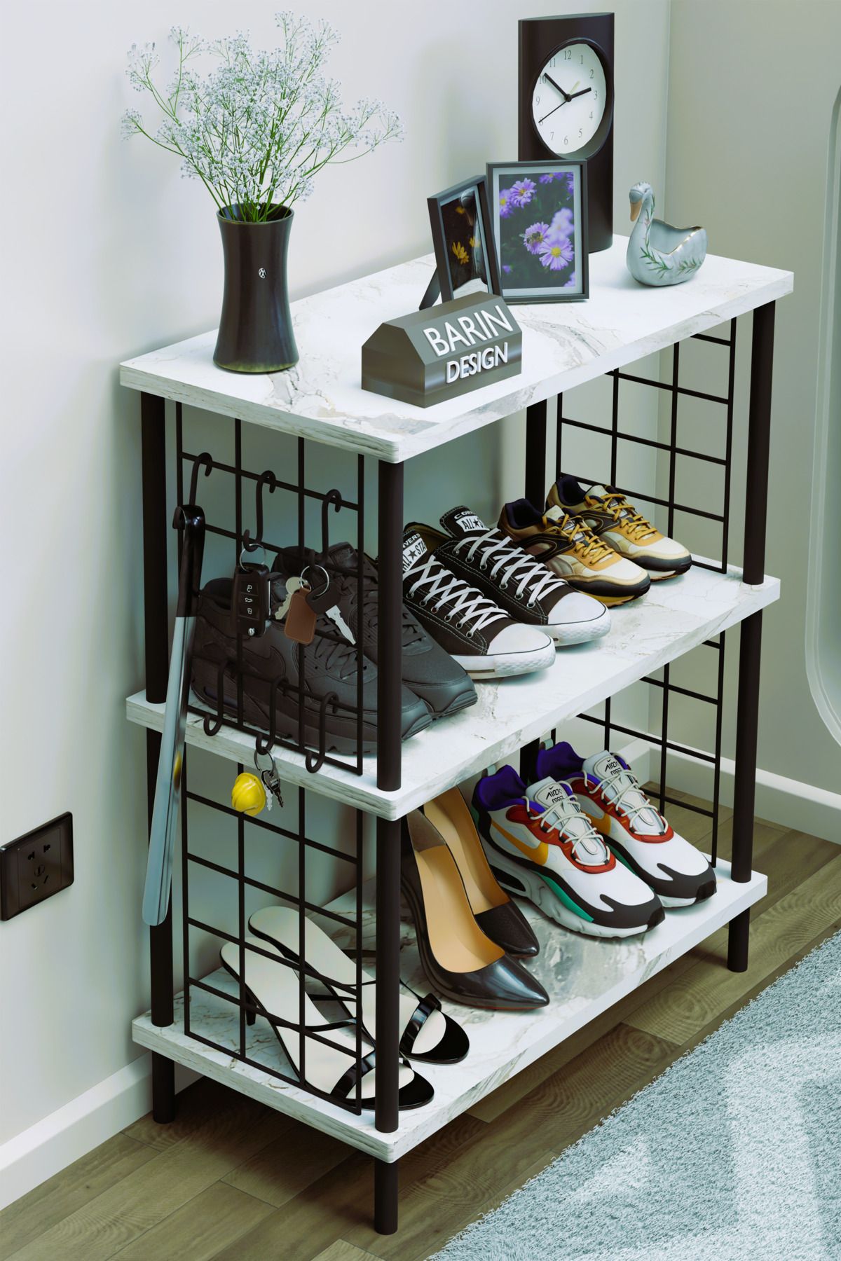 BARIN DESIGN 3 Raflı Metal Telli Çok Amaçlı Ayakkabılık ve Organizer Raf Kolay Kurulumlu, Çevir-Tak Sistem Raf