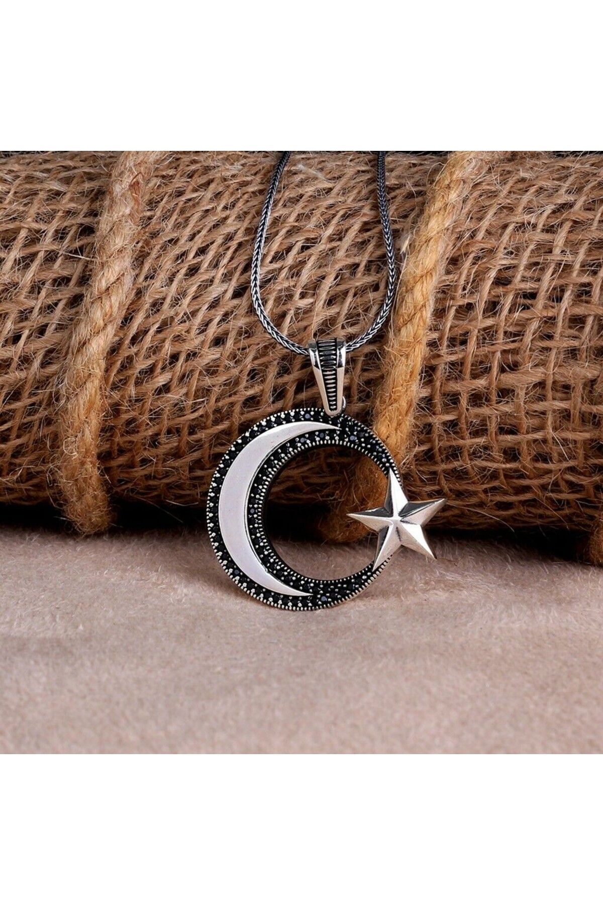 shop Ay Yıldız Mikro Taşlı 925 Ayar Gümüş Erkek Kolye