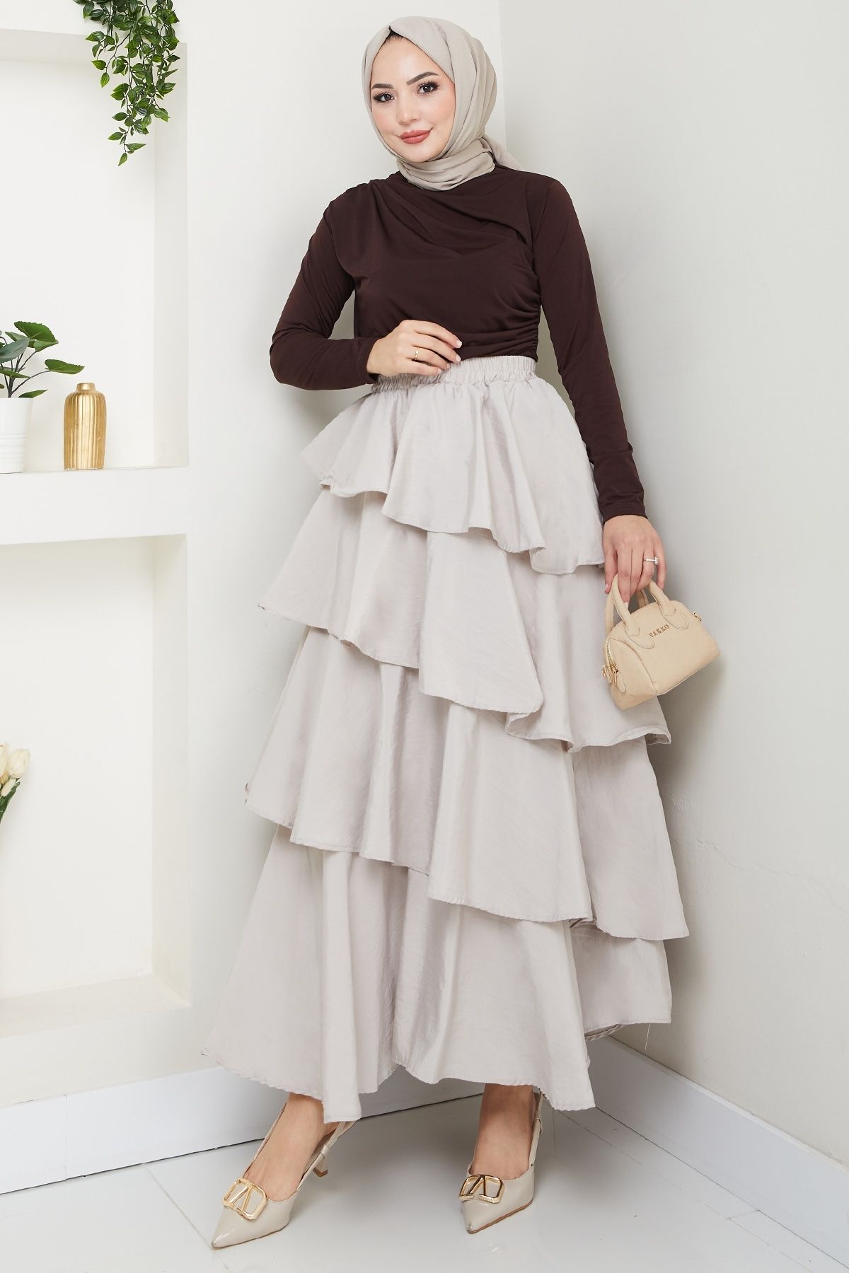 InStyle Fırfırlı Kat Kat Uzun Modal Etek Taş