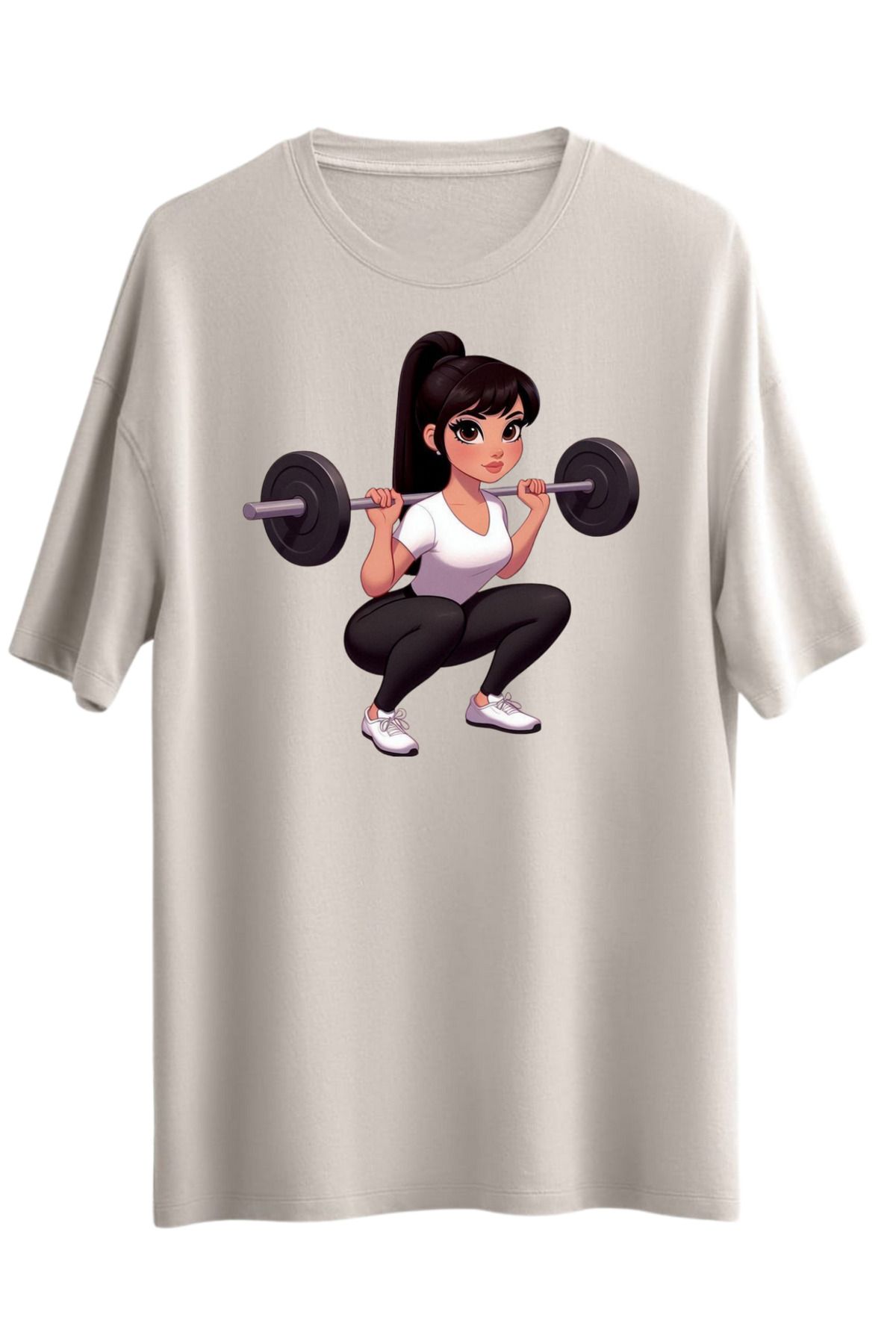 ocke GÜÇLÜ KIZ GYM SPOR BASKILI BOL KESİM OVERSİZE OMUZU DÜŞÜK T-SHİRT %100 PAMUK TÜYLENMEZ