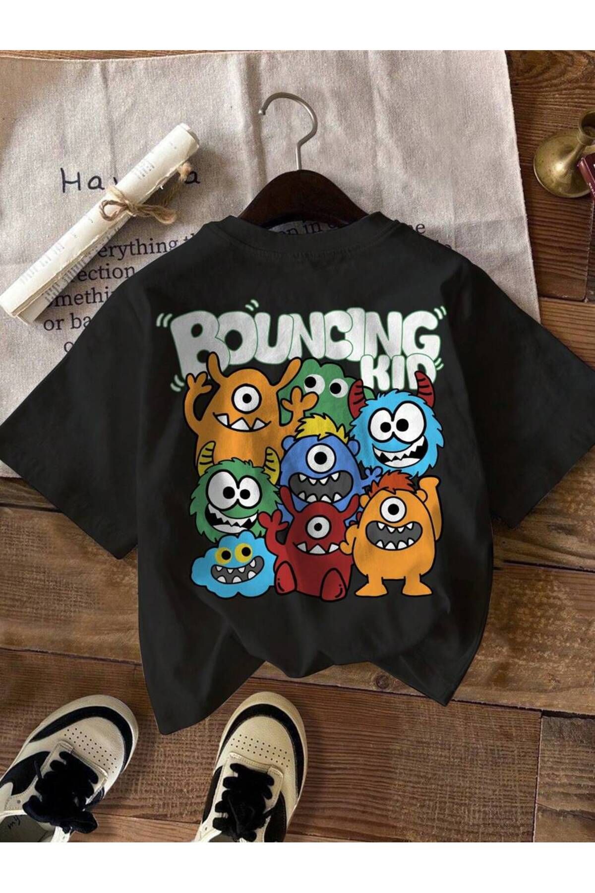 ELNOYA Unisex Pamuklu Siyah Oversize "Bouncing kip" Baskılı Rahat Günlük T-shirt