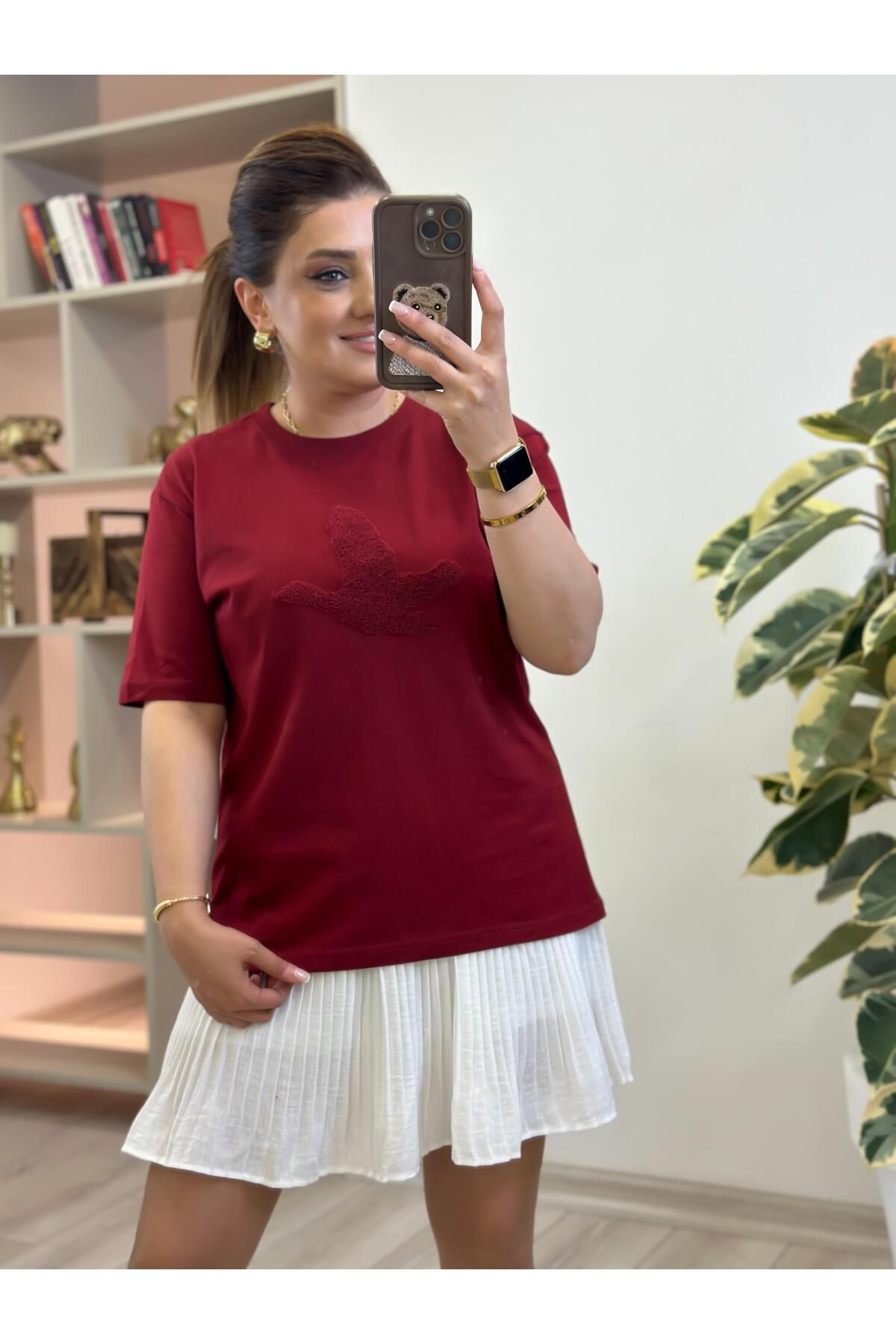 MELTEM TUĞAN Kuş Kabartma Dokulu Tshirt BORDO