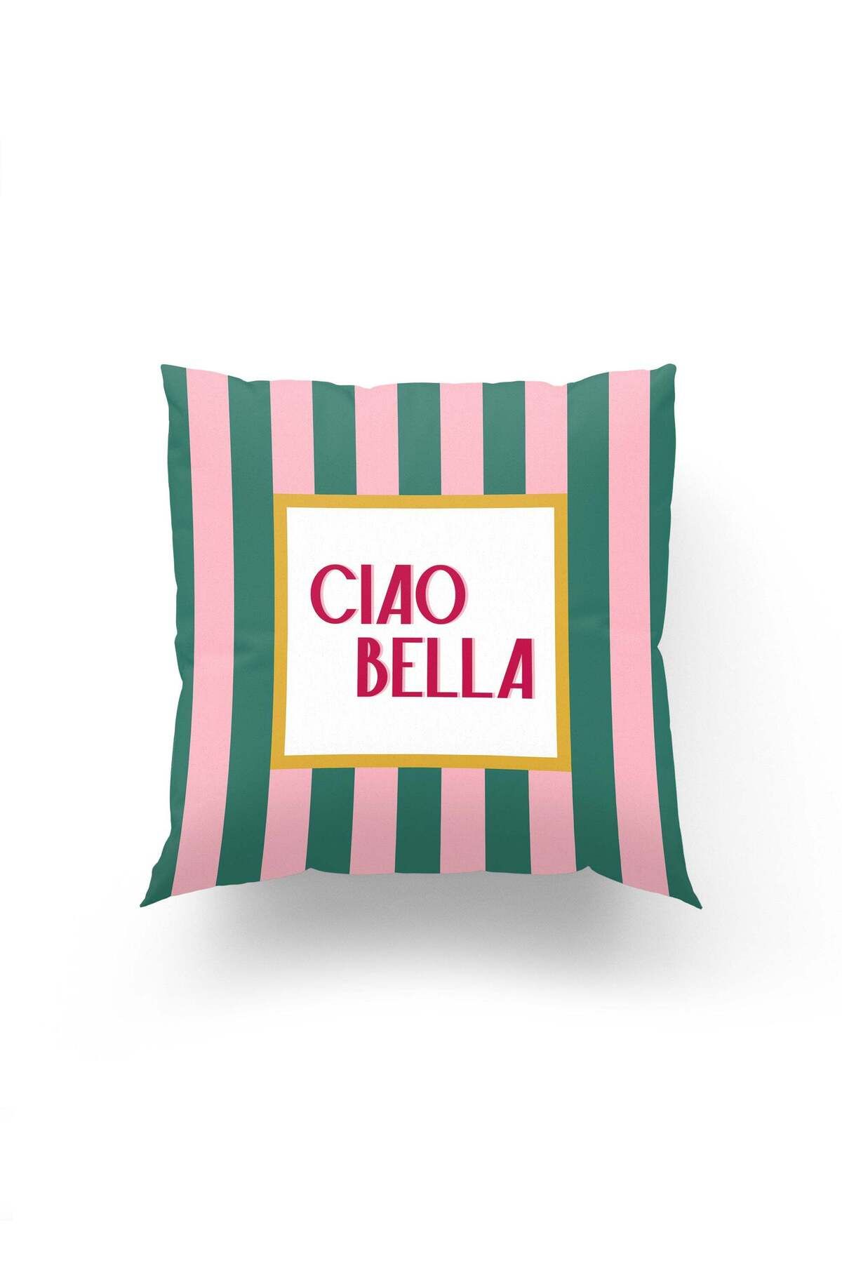 Dokumio Pembe Yeşil Çizgili CIAO BELLA Kırlent Kılıfı – Evinize İtalyan Esintisi!