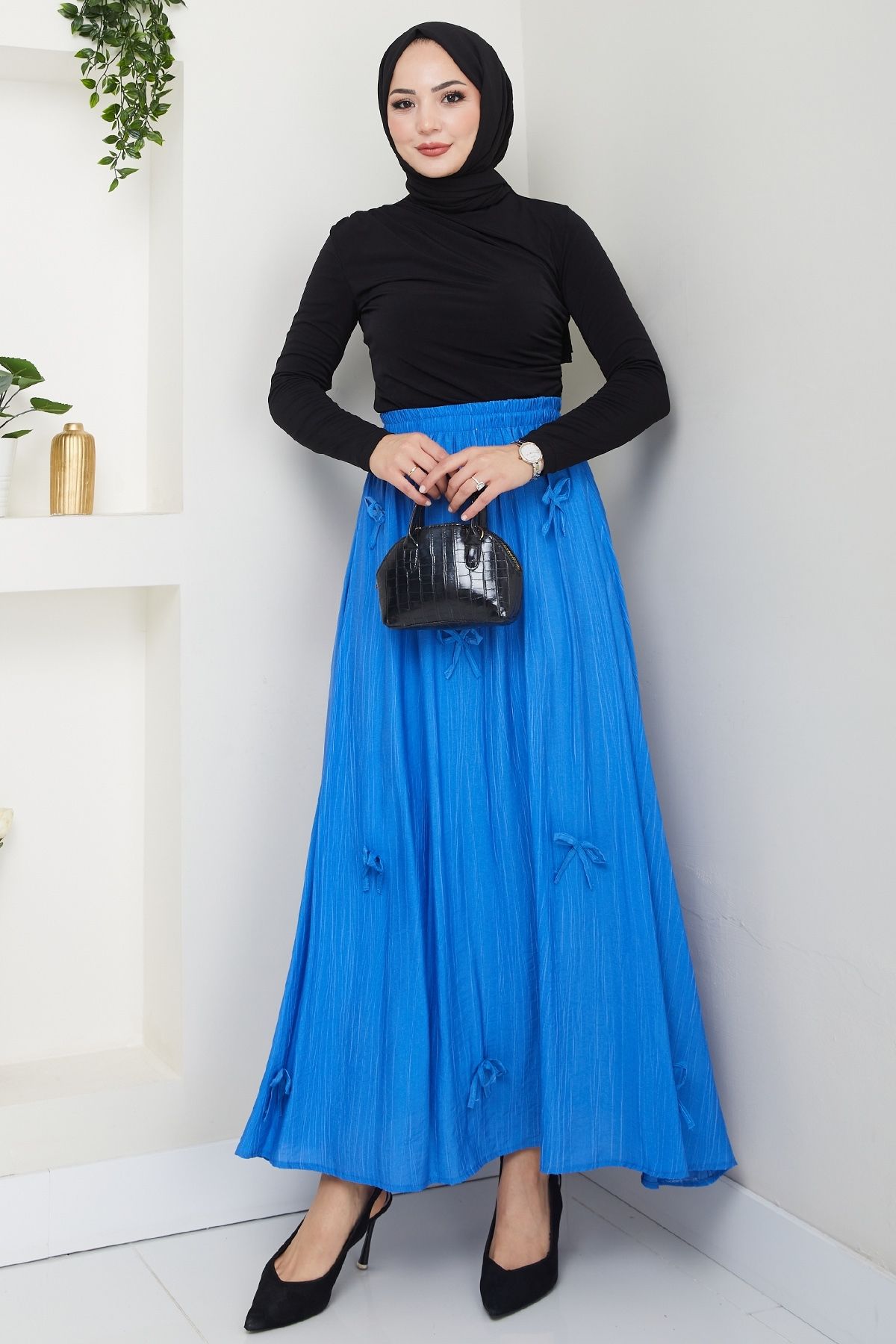 InStyle Fiyonk Detay Beli Lastikli Saks Mavisi Etek