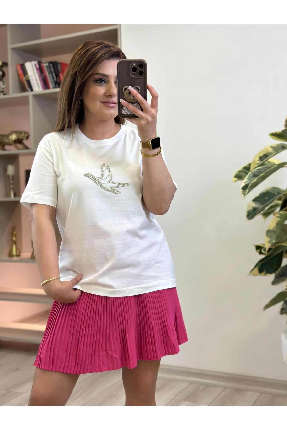 MELTEM TUĞAN Kuş İşlemeli Taşlı Tshirt BEYAZ