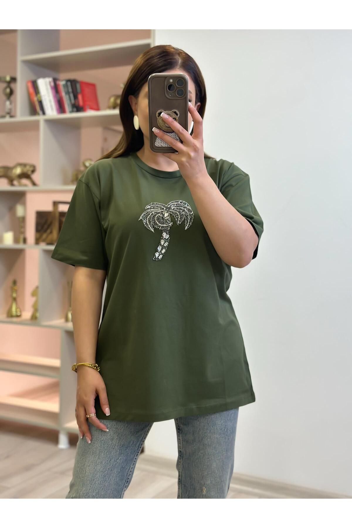 MELTEM TUĞAN Taşlı Palmiye Tshirt HAKİ