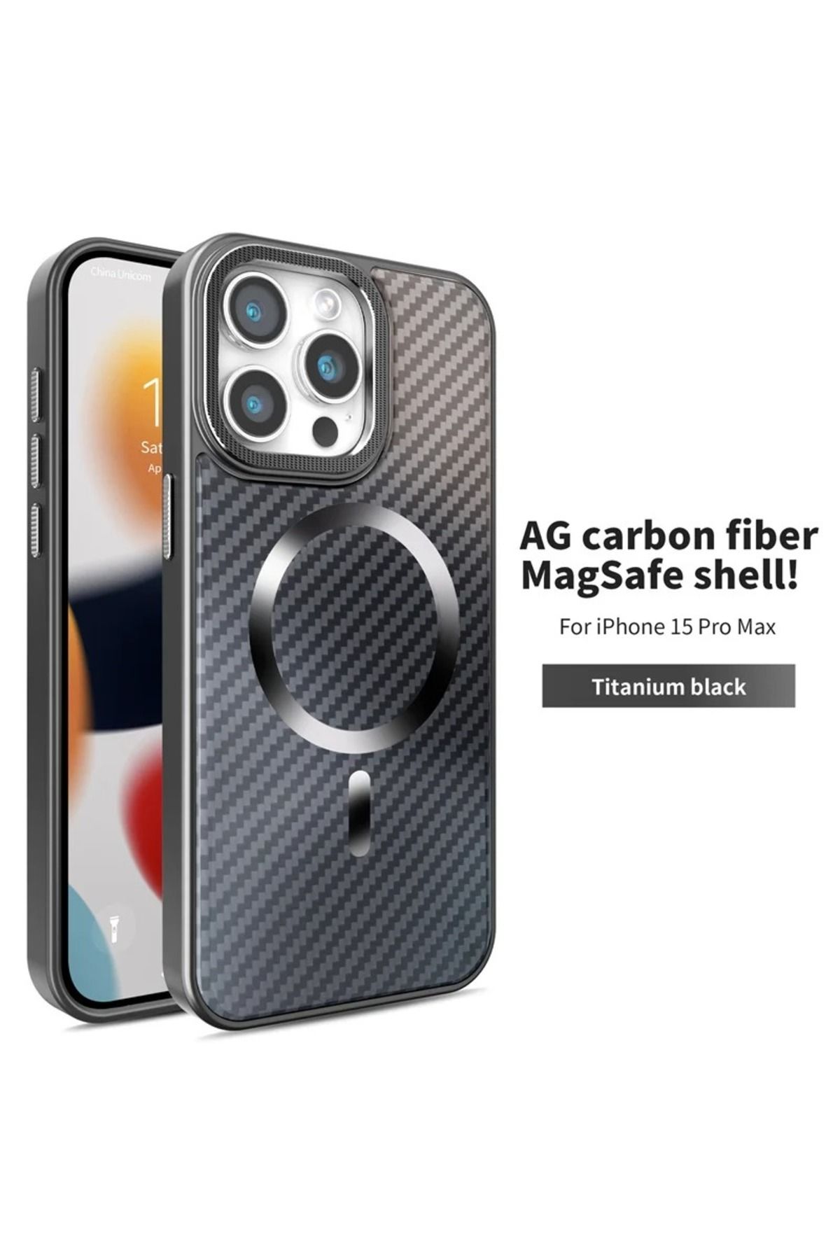 Paladyum Case iPhone 15 Pro Max Uyumlu Titanyum Siyah Karbon Fiber MagSafe Özellikli Kılıf