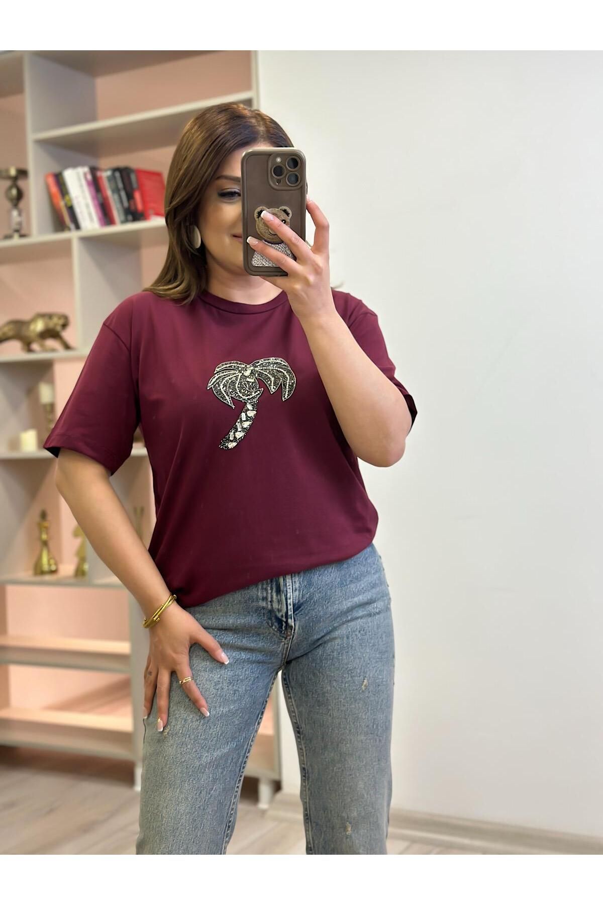 MELTEM TUĞAN Taşlı Palmiye Tshirt BORDO