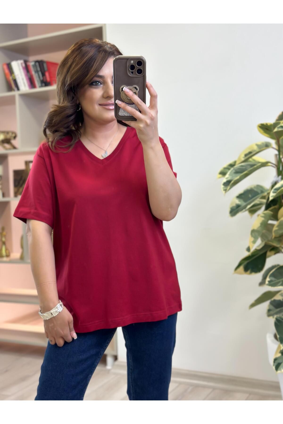 MELTEM TUĞAN V yaka Pamuklu Tshirt BORDO