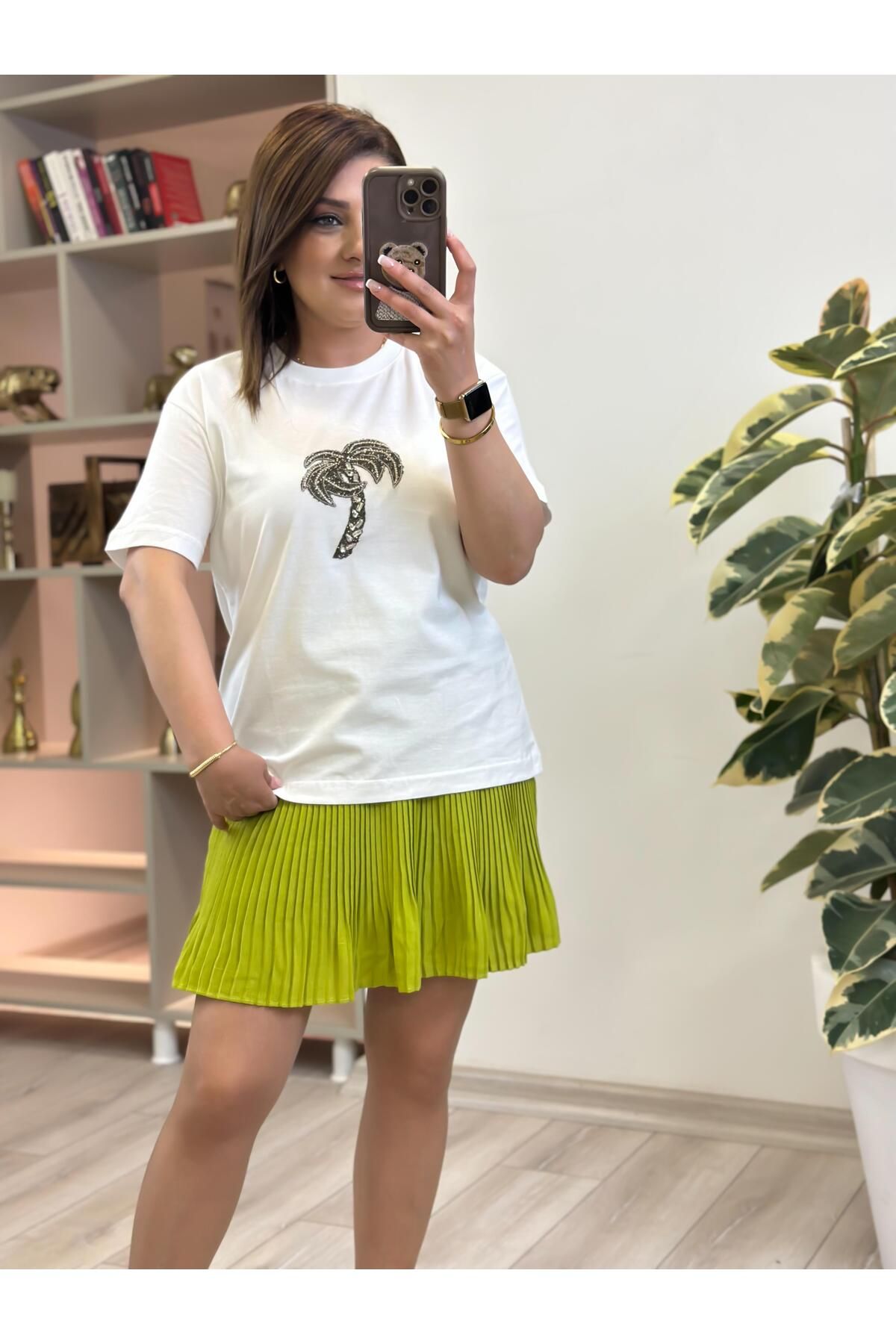 MELTEM TUĞAN Taşlı Palmiye Tshirt BEYAZ