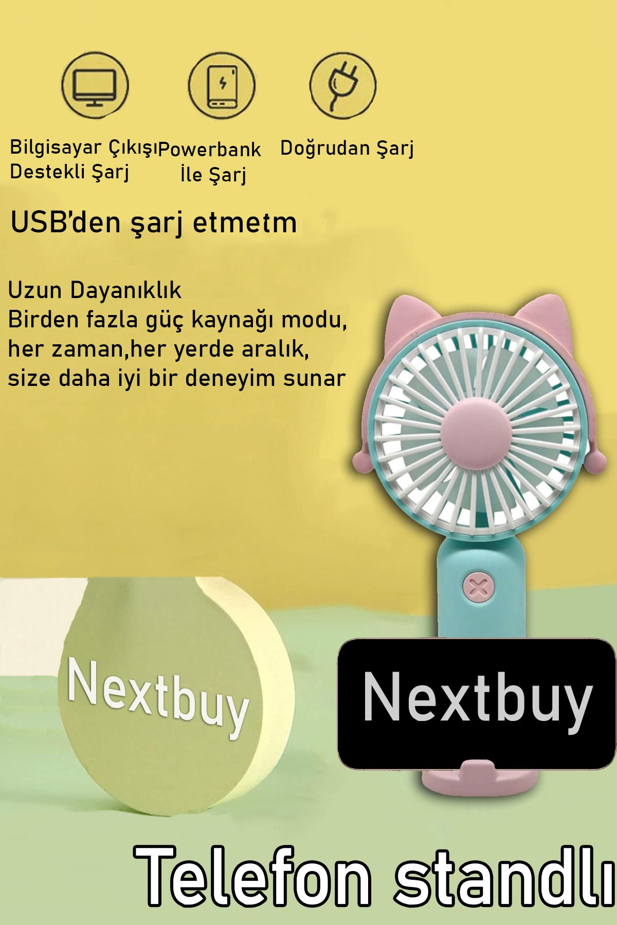 nextbuy Şarjlı Mini El Fanı Ve Masa Fanı Soğutucu Pervane Taşınabilir Şarj Edilebilir Mavi Pembeli DD8055C