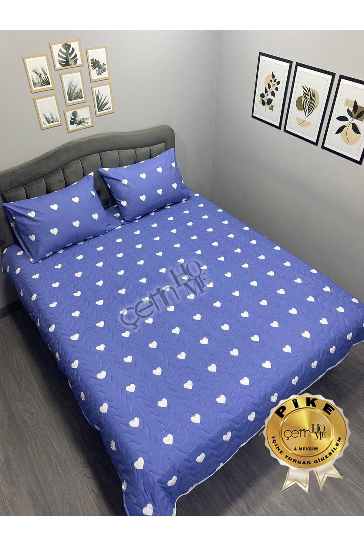 Çetinhome Çetinhome Çift Kişilik Kapitone Pike Seti 4 Mevsim Blue Kalp