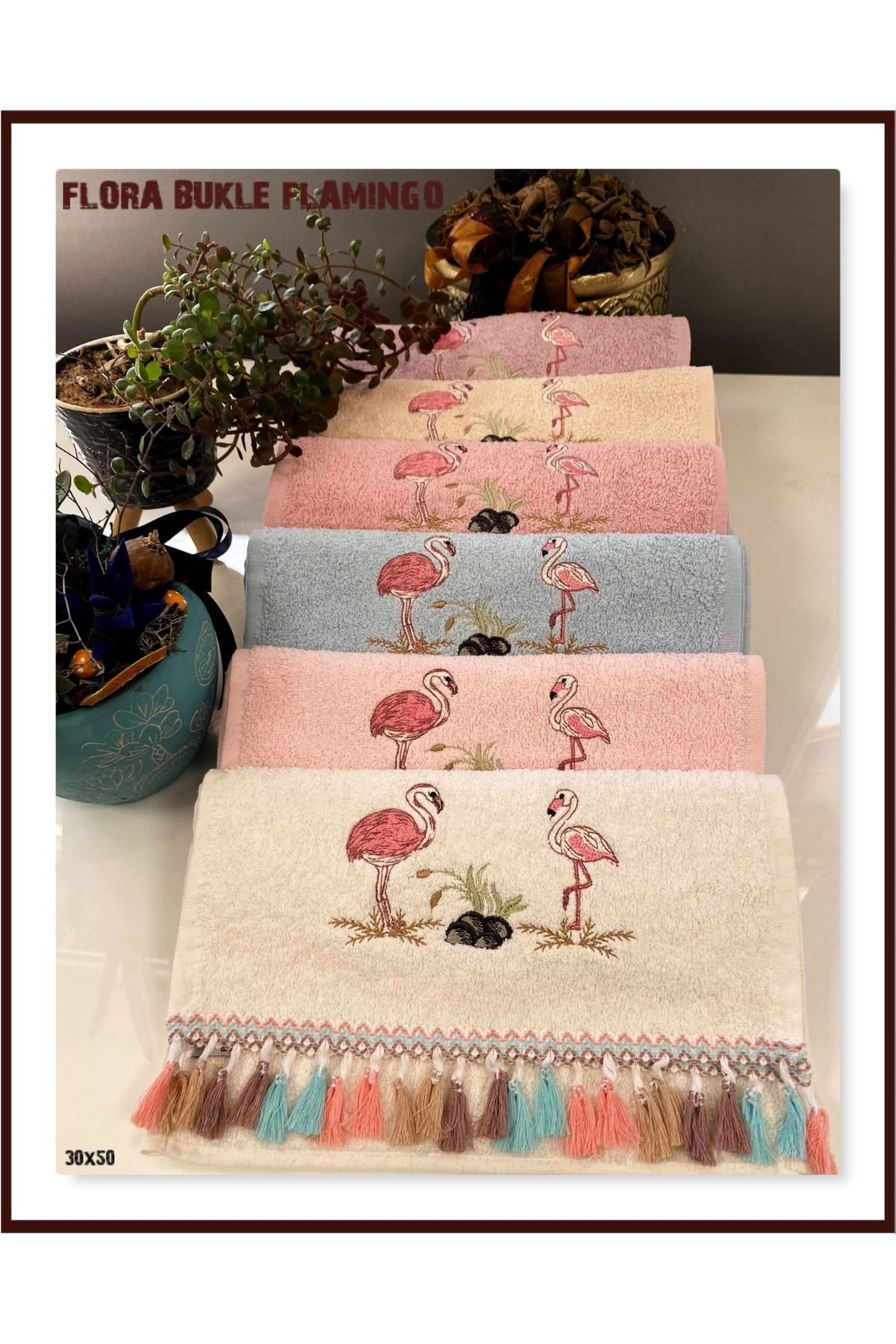 Beğenal 6'lı Flora Bukle (Flamingo) Nakışlı El Havlu Seti (30x50 cm)