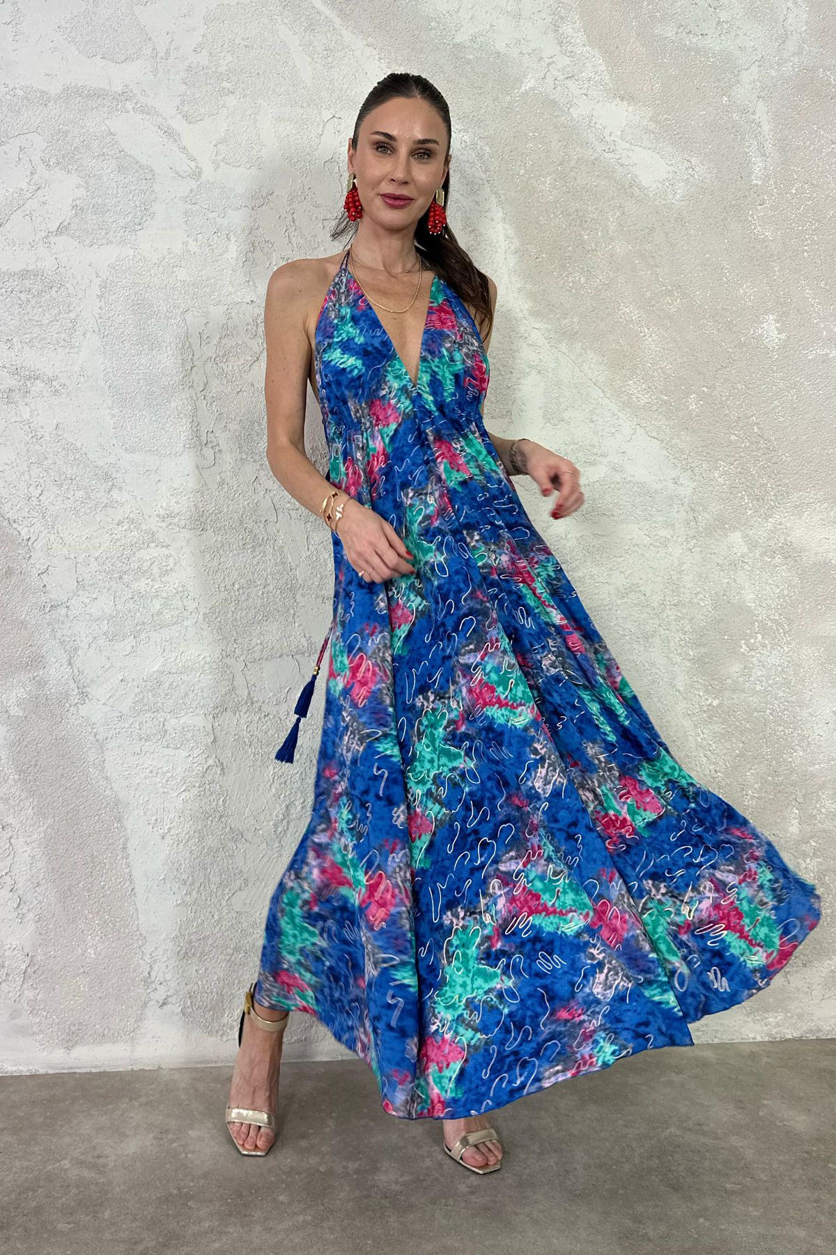 5in1Canpolat Saks Desenli Maxi Boy İthal Elbise 37183