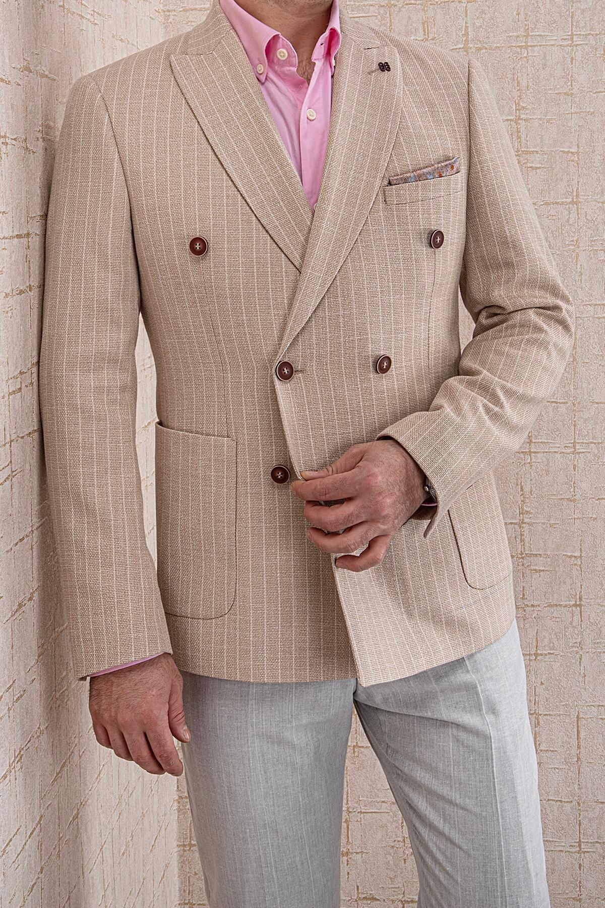 PR PACO ROMANO ART OF FASHİON ERKEK SLİM FİT SİVRİ YAKA TORBA CEP BEJ ÇİZGİLİ KRUVAZE CEKET
