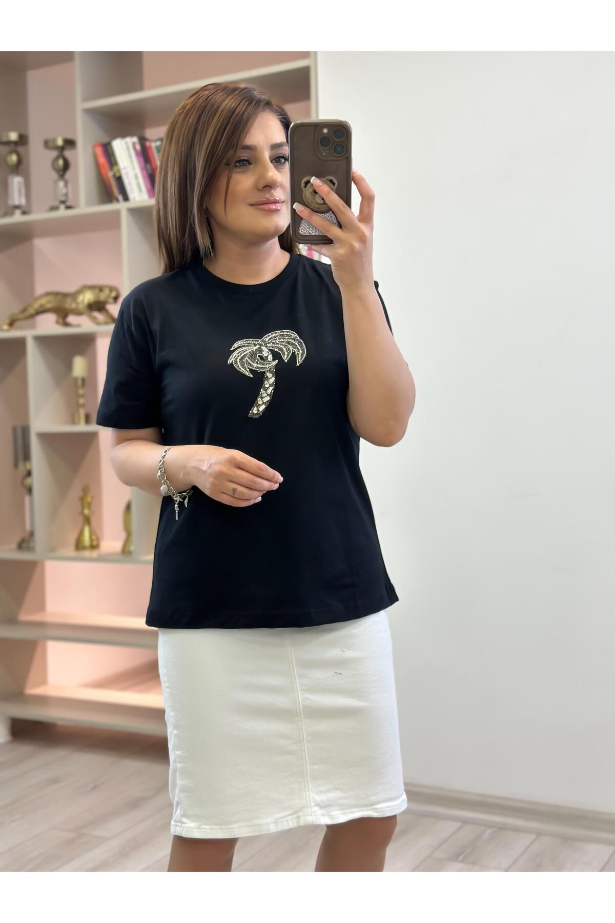 MELTEM TUĞAN Taşlı Palmiye Tshirt SİYAH