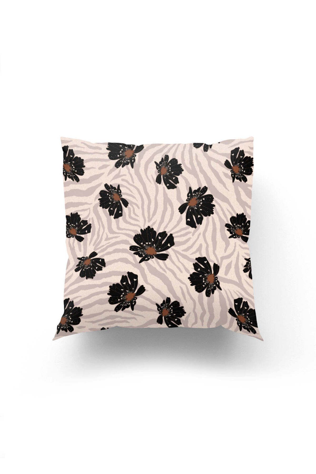 Dokumio Zebra Deseni ile Çiçeklerin Şık Dansı Kırlent Kılıfı