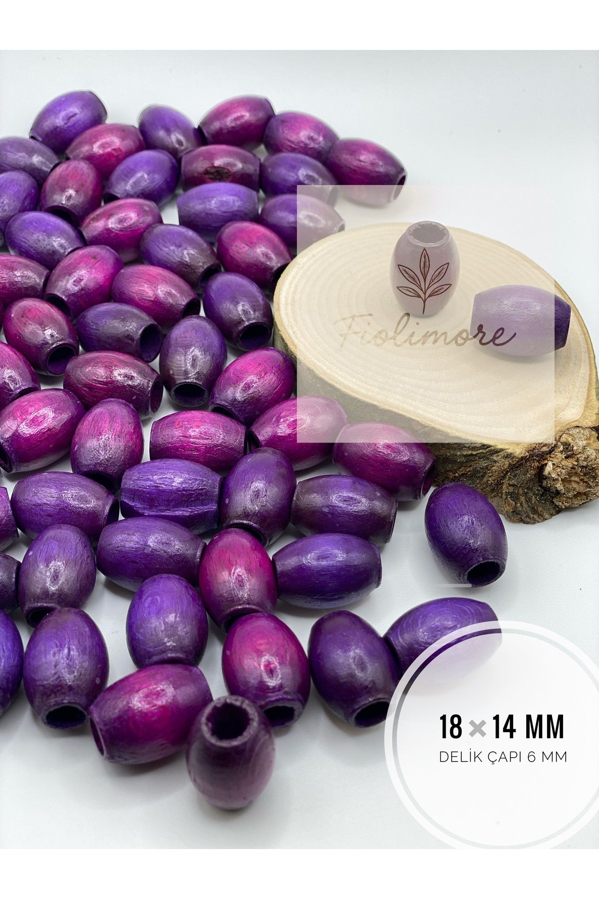 Fiolimore Oval Ahşap Renkli Mor Rengi Boncuk 18x14 mm (50 Gram 40 Adet) Delik Çapı 6 mm Badem Tahta Boncuk
