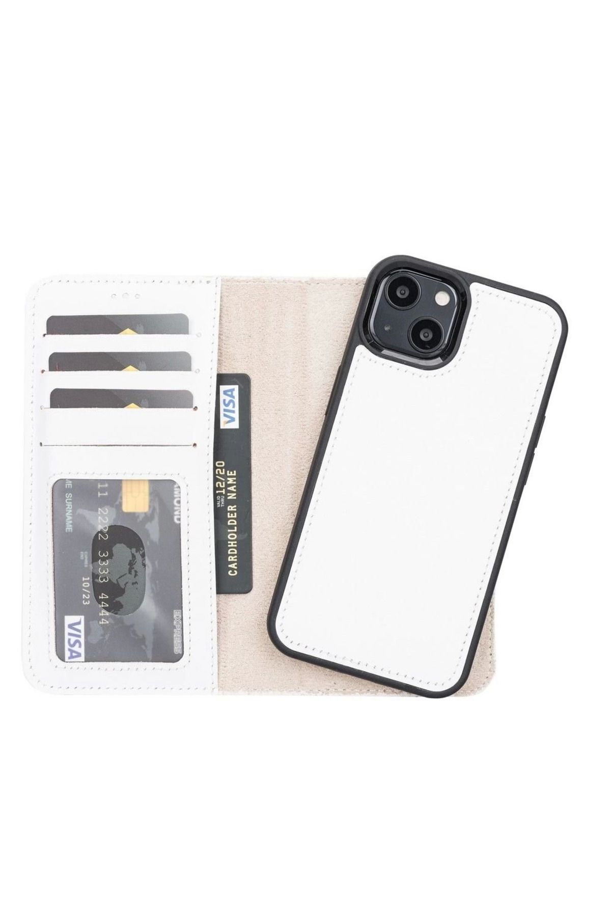 Emperium Apple iPhone 13 Uyumlu Deri Cüzdanlı Kılıf F3 Beyaz