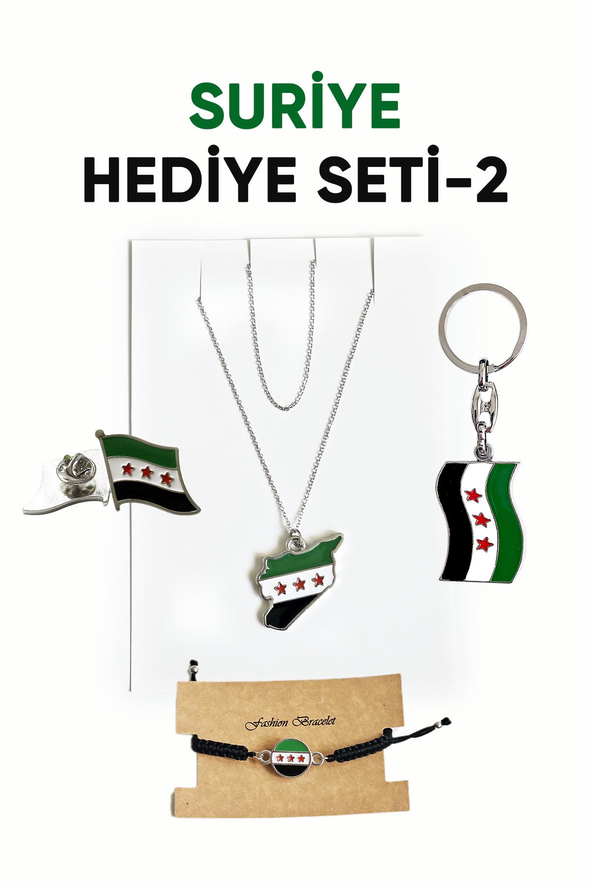 Kufi Design Suriye Bayrağı Kolye Bileklik Anahtarlık Metal Yaka Rozeti Hediye Seti Kadın