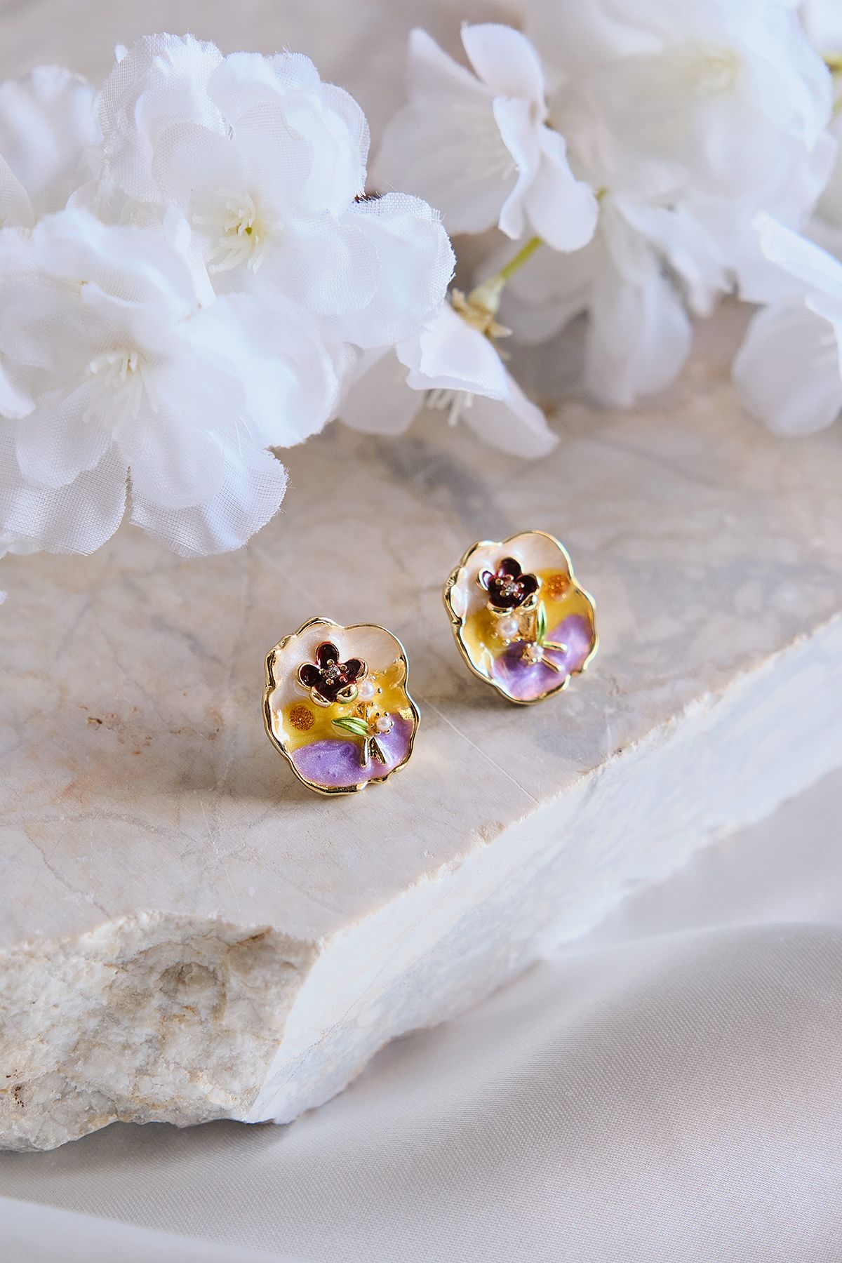 AURRARİ Viola Gold Mor Sarı Beyaz Sedefli İncili Damla Küpe