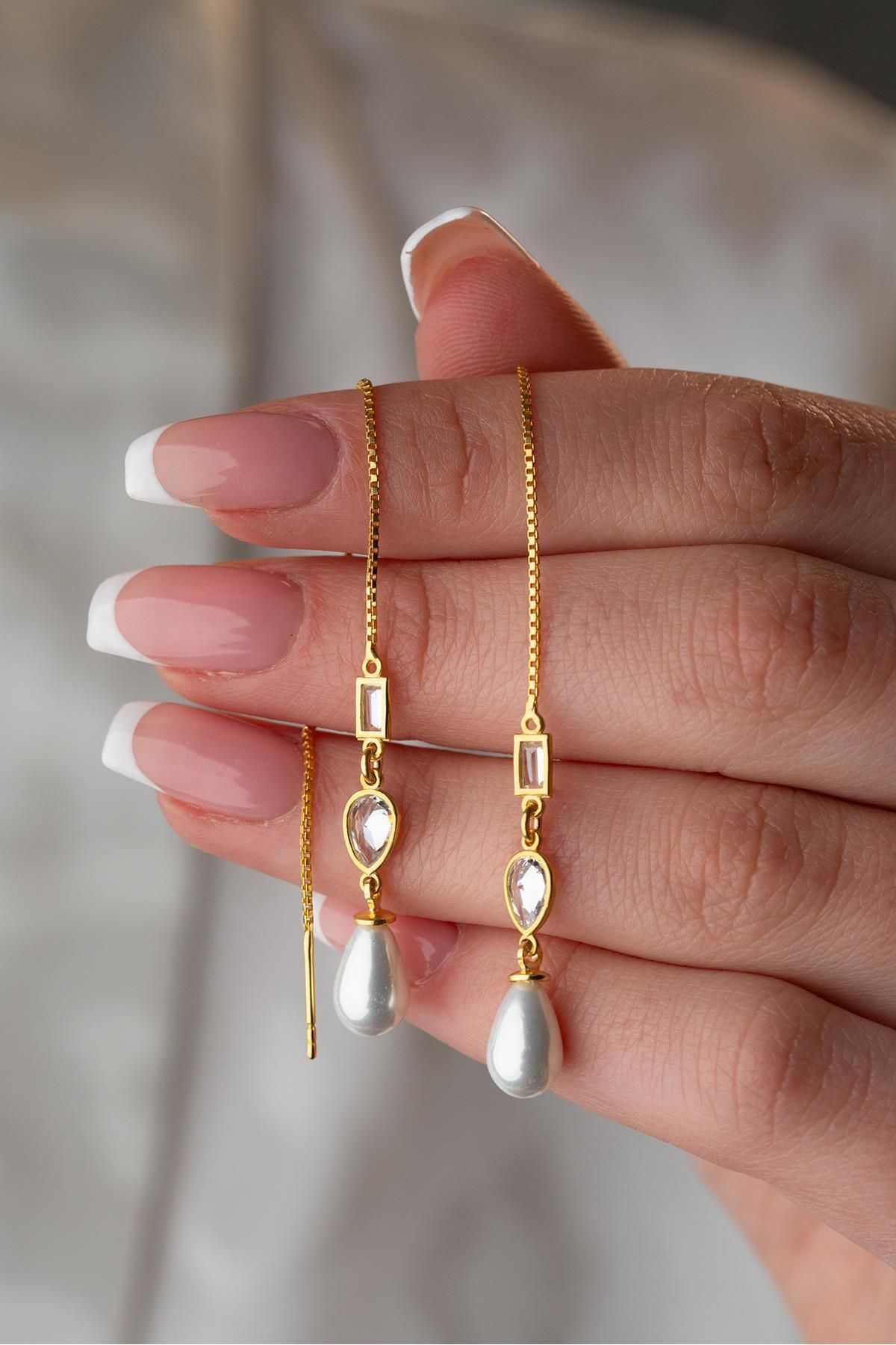 Nereze 925 Ayar Gümüş Gold Sallantılı İncili 2 Element Zincir Küpe