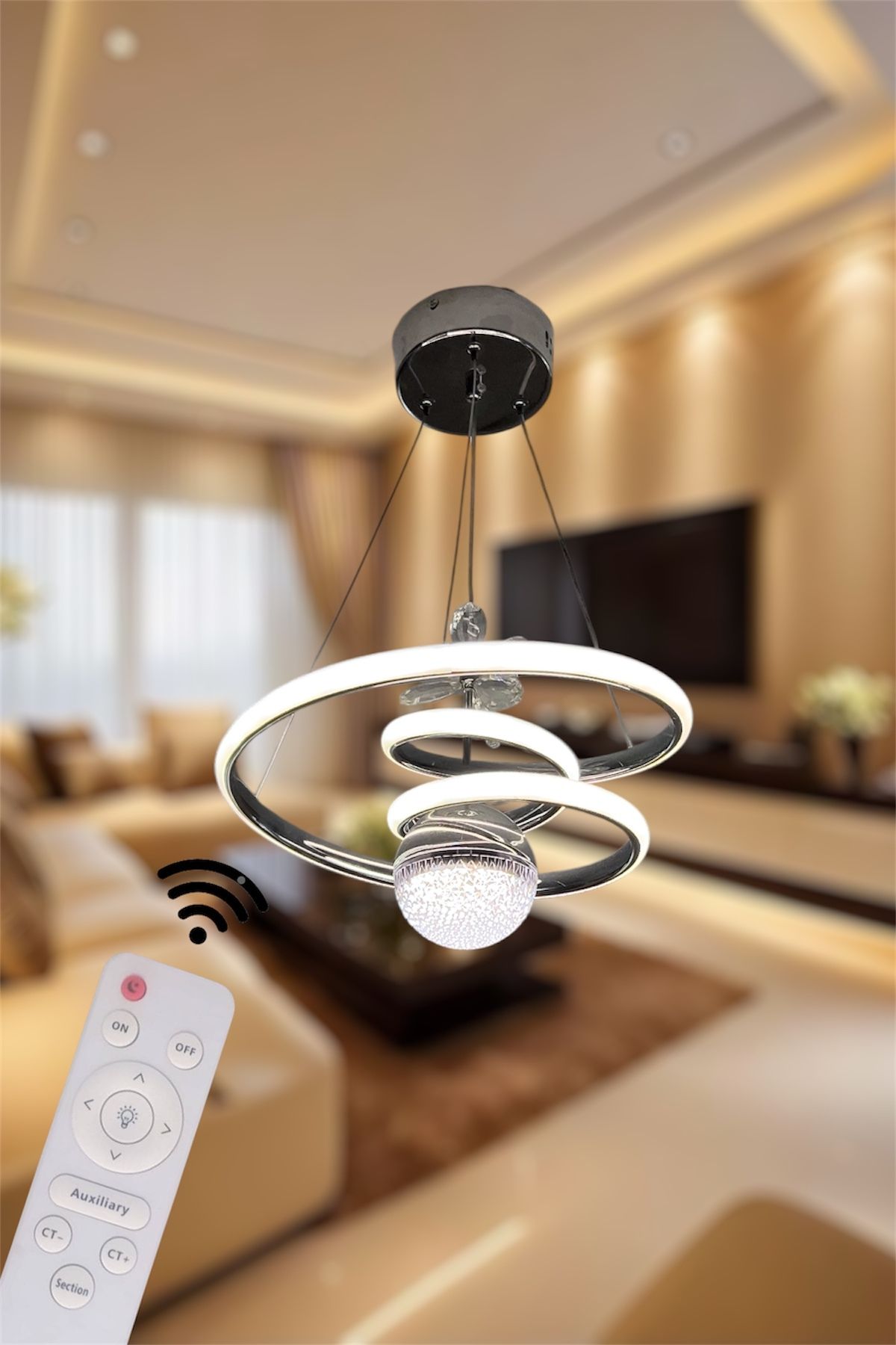 EYSHOP Modern Krom Toplu Space 3 Renk Led (beyaz&sarı&günışığı) Kumandalı Avize