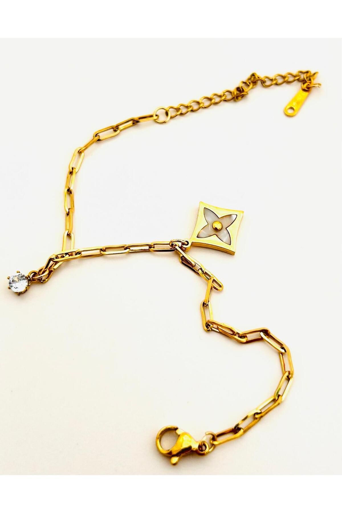 juleeco Ataç Model Sallantılı Papatya ve Zirkon Tek Taş Gold Çelik Bileklik (17+5 Cm )