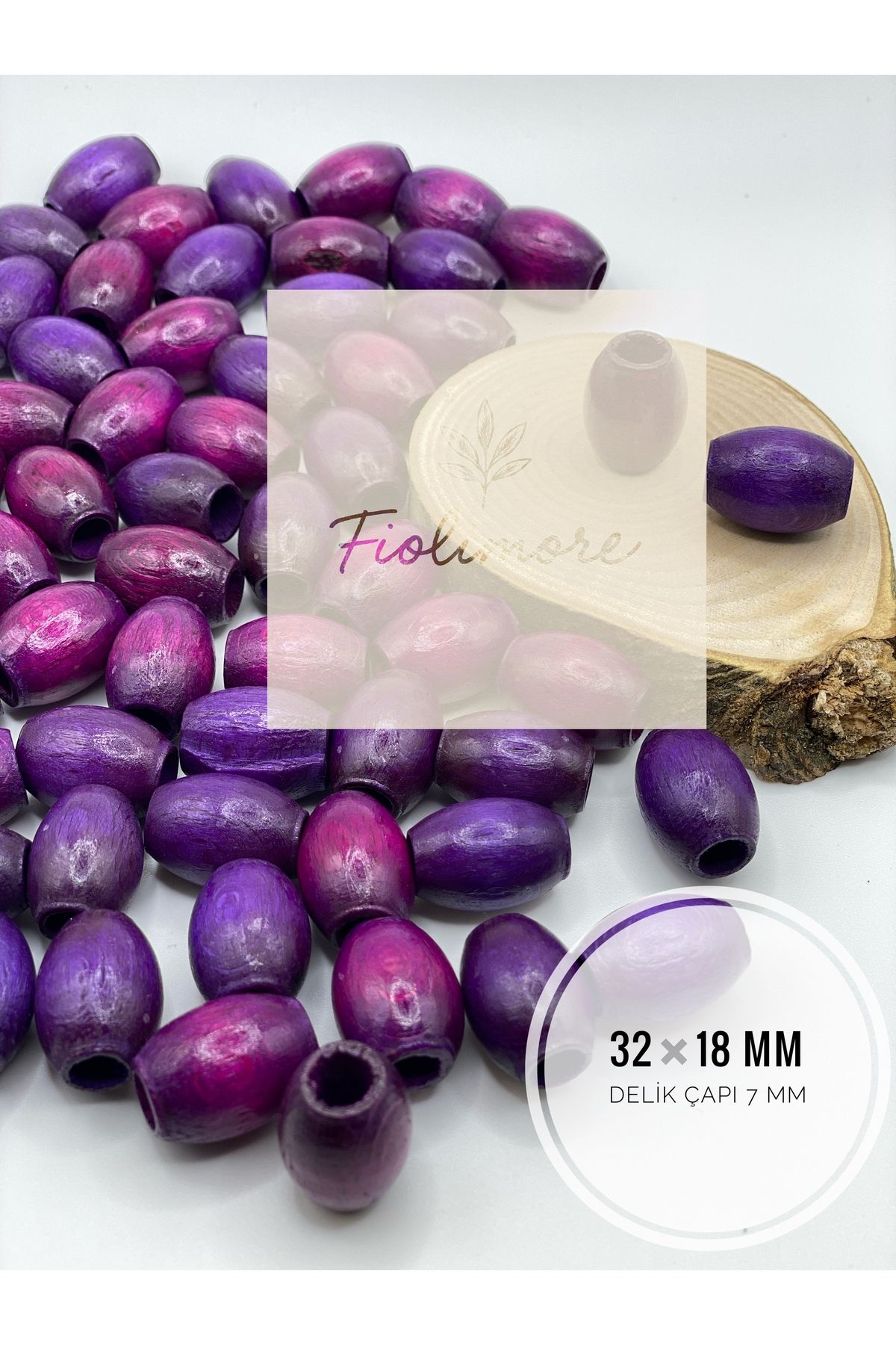 Fiolimore Oval Ahşap Renkli Mor Rengi Boncuk 32x18 mm (50 Gram 15 Adet) Delik Çapı 7 mm Badem Tahta Boncuk