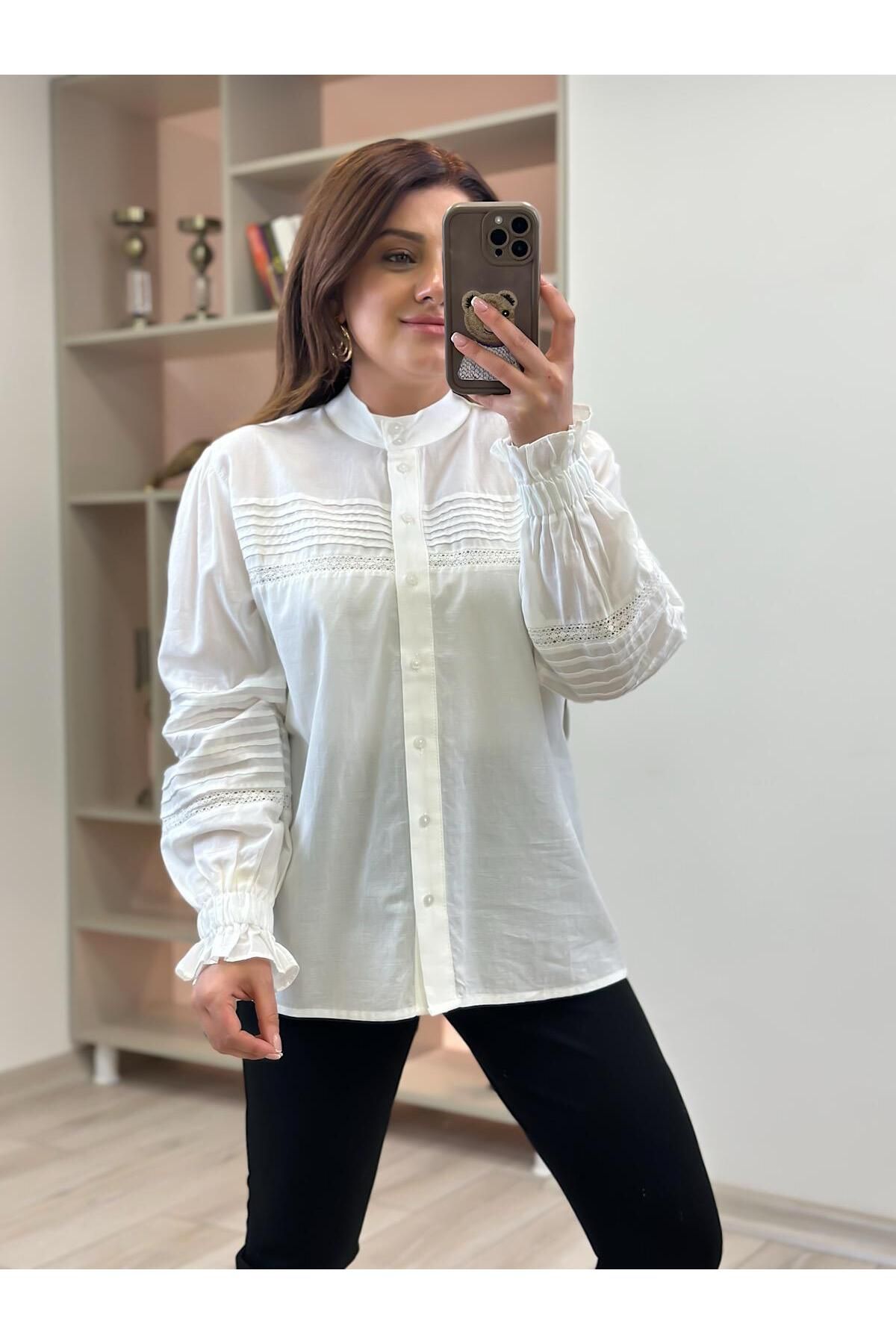 MELTEM TUĞAN Kolu Lastik Detaylı Keten Gömlek EKRU