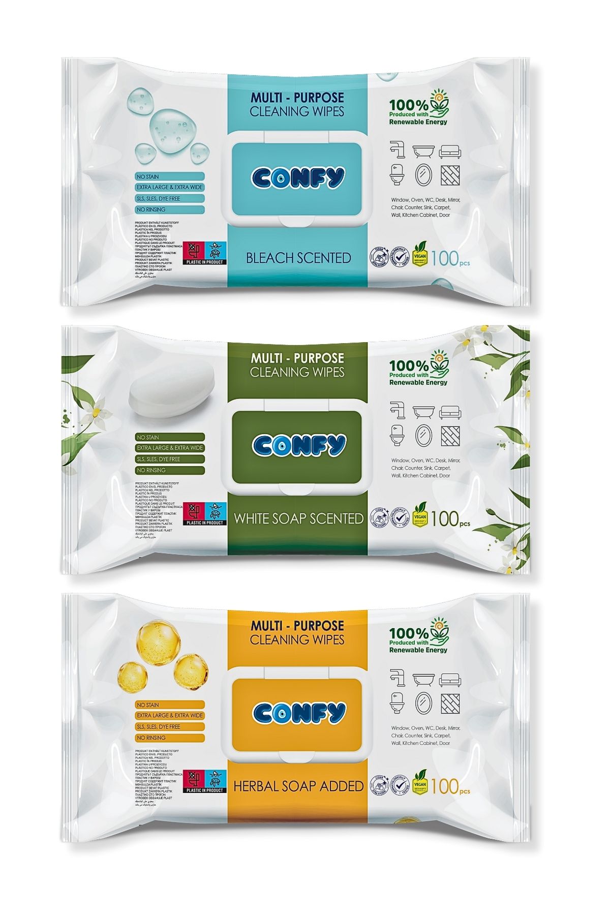 Confy Yüzey Temizlik Havlusu 3'lü Set - Arap Sabunu, Beyaz Sabun, Çamaşır Suyu, 300 Yaprak