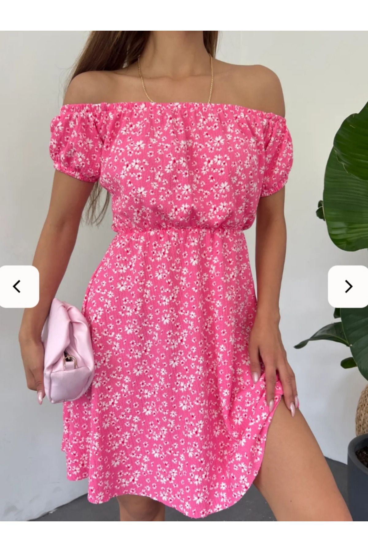 MODA "Omuz Açık Çiçek Desenli Mini Yazlık Elbise - Pembe"