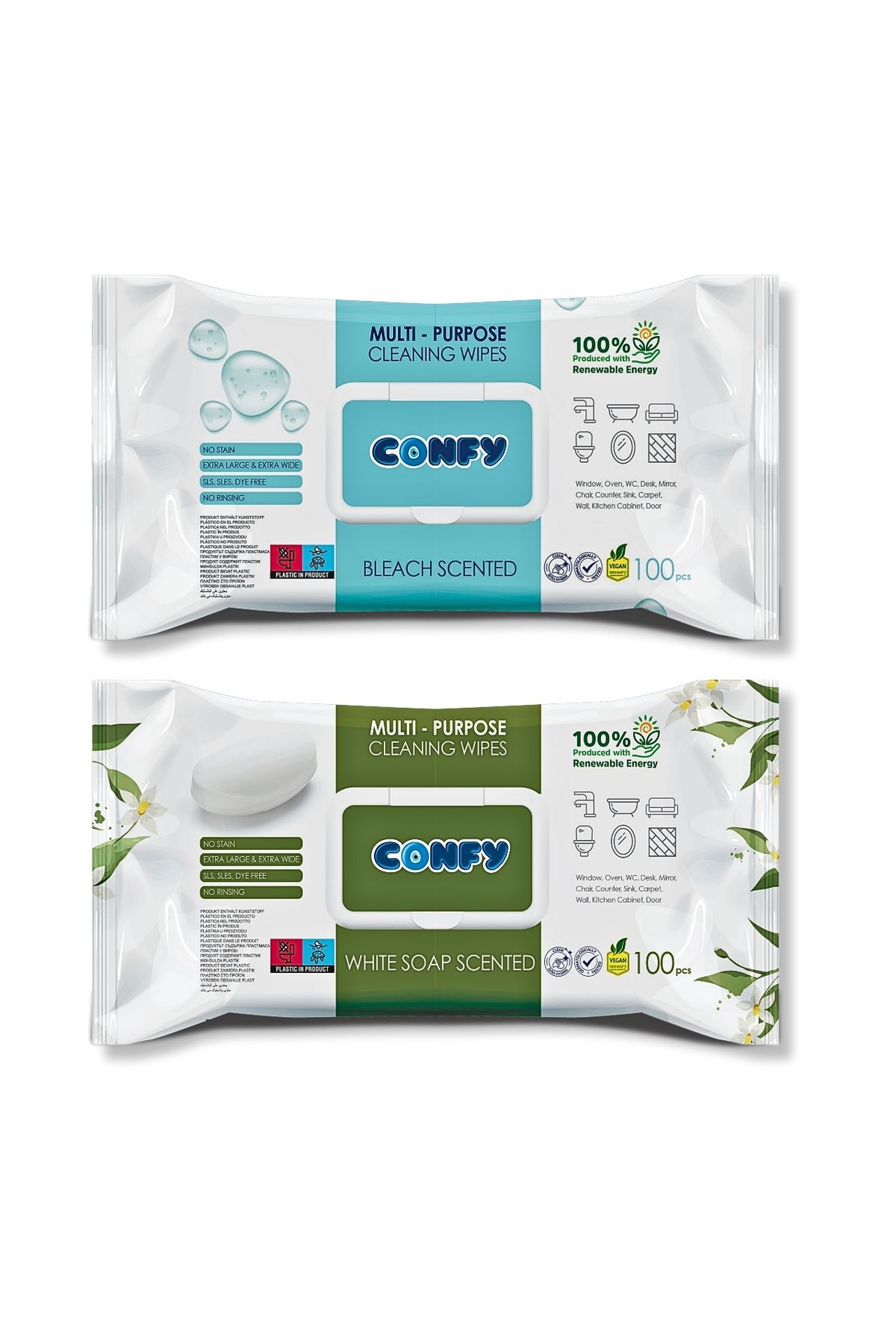 Confy Yüzey Temizlik Havlusu 2'li Set - Beyaz Sabun & Çamaşır Suyu Kokulu, 200 Yaprak