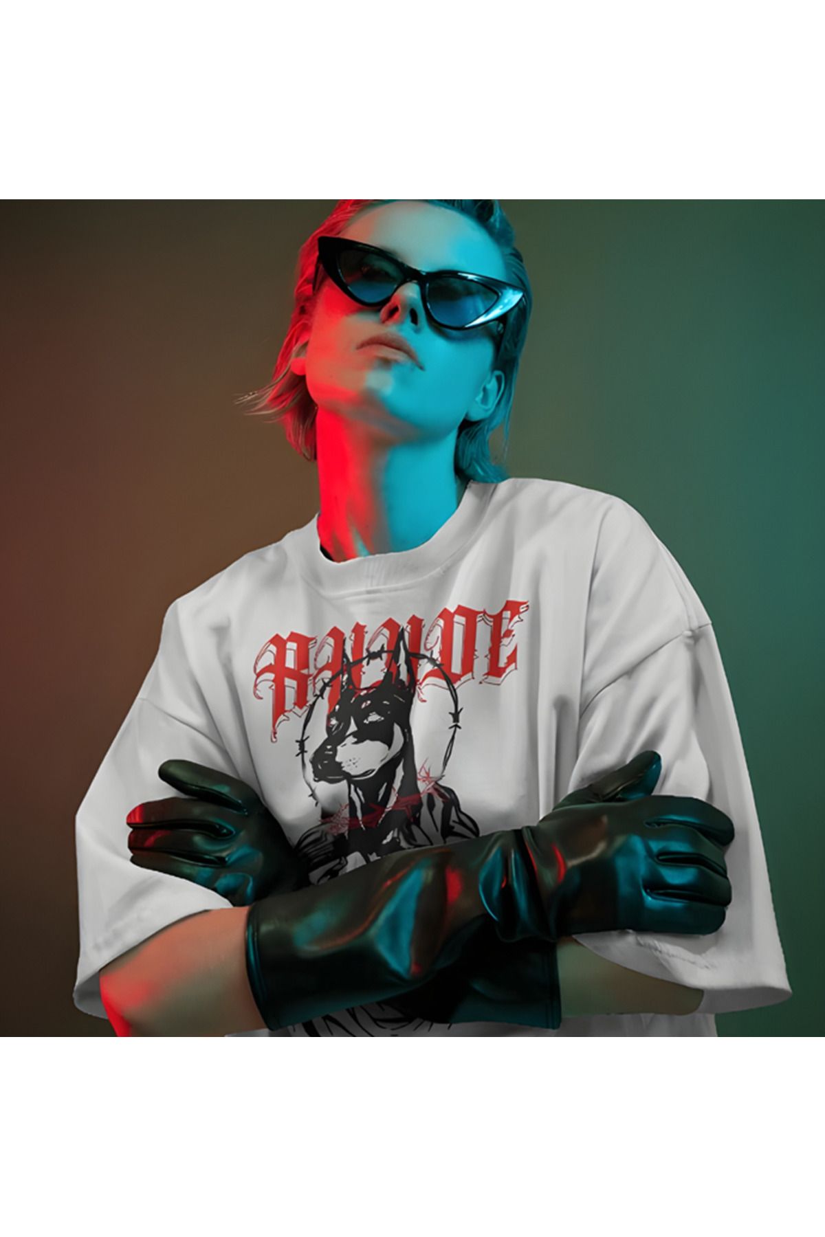 Lemur'ful Rhude Outfit Baskılı Oversize Beyaz Tişört