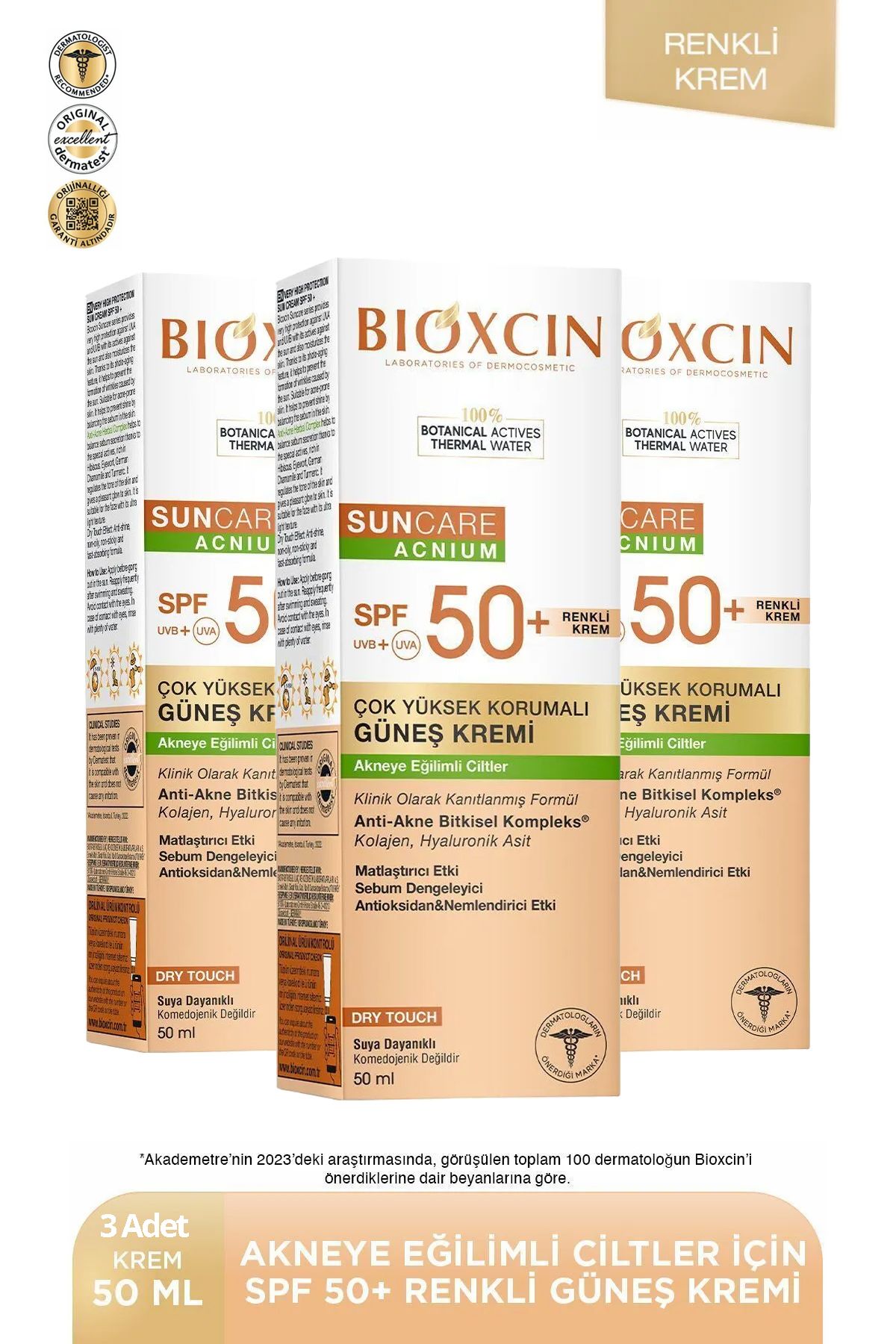 Bioxcin Sun Care Akneye Eğilimli Ciltler Için Renkli Güneş Kremi 50 Spf - Tinted, Akne, DryTouch, Mat 3 adet