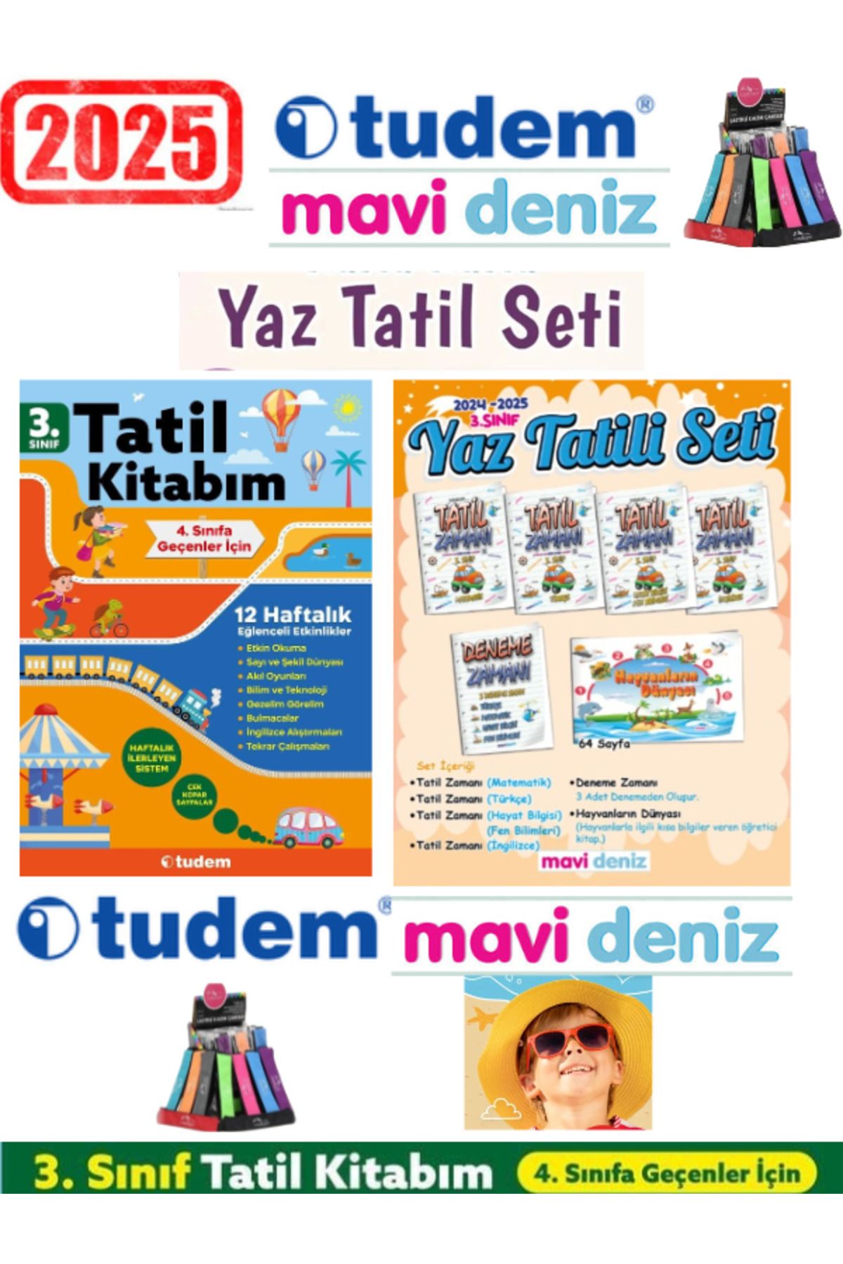 Fenomen Yayıncılık Tudem 2025 3.Sınıf 12 Haftalık Tatil Kitabı+Mavi Deniz 3.Sınıf Yaz Tatil Kitabı Seti(Yeni)+Kalemlik